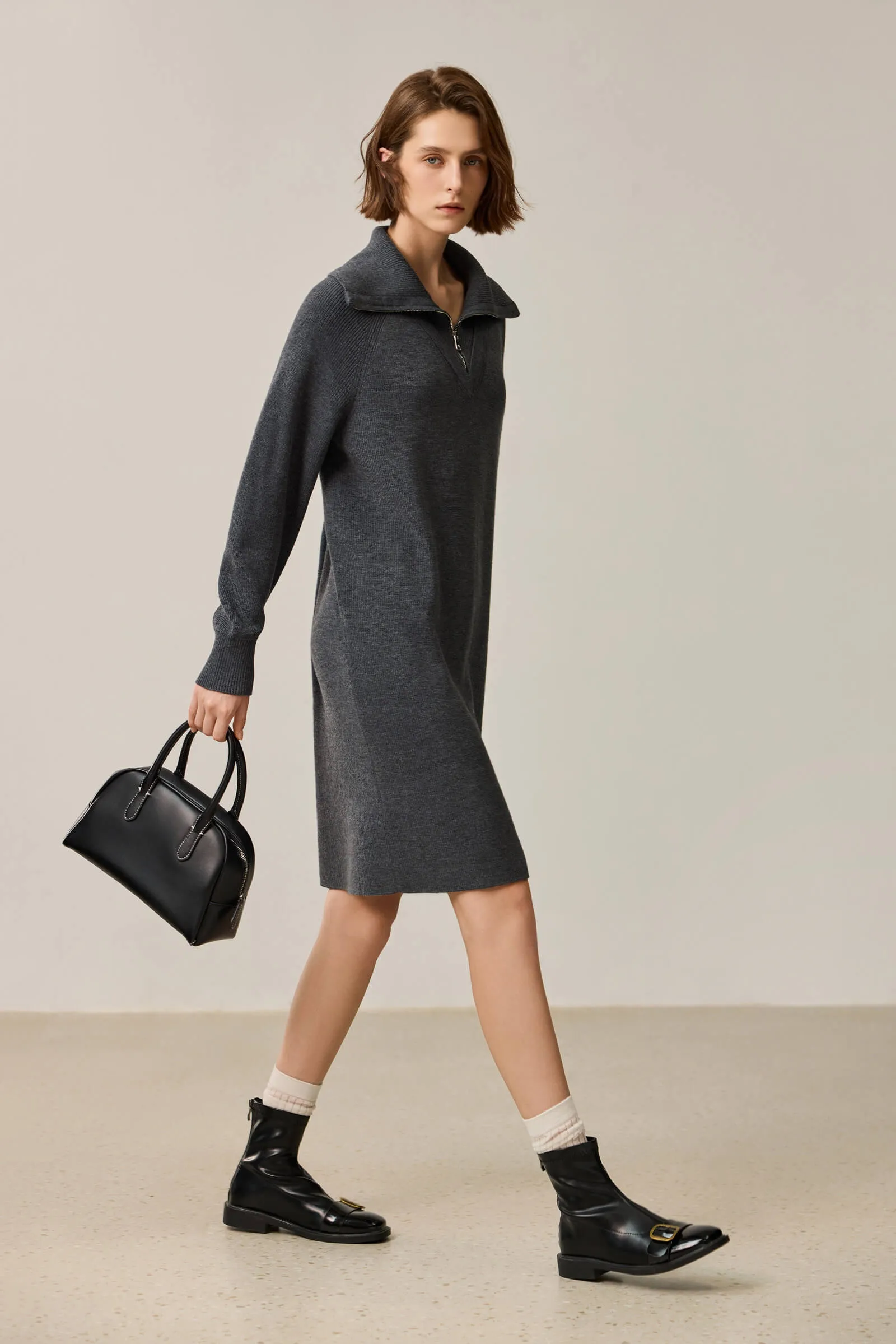 LILY Grey Tone Polo Zipper Knit Dress