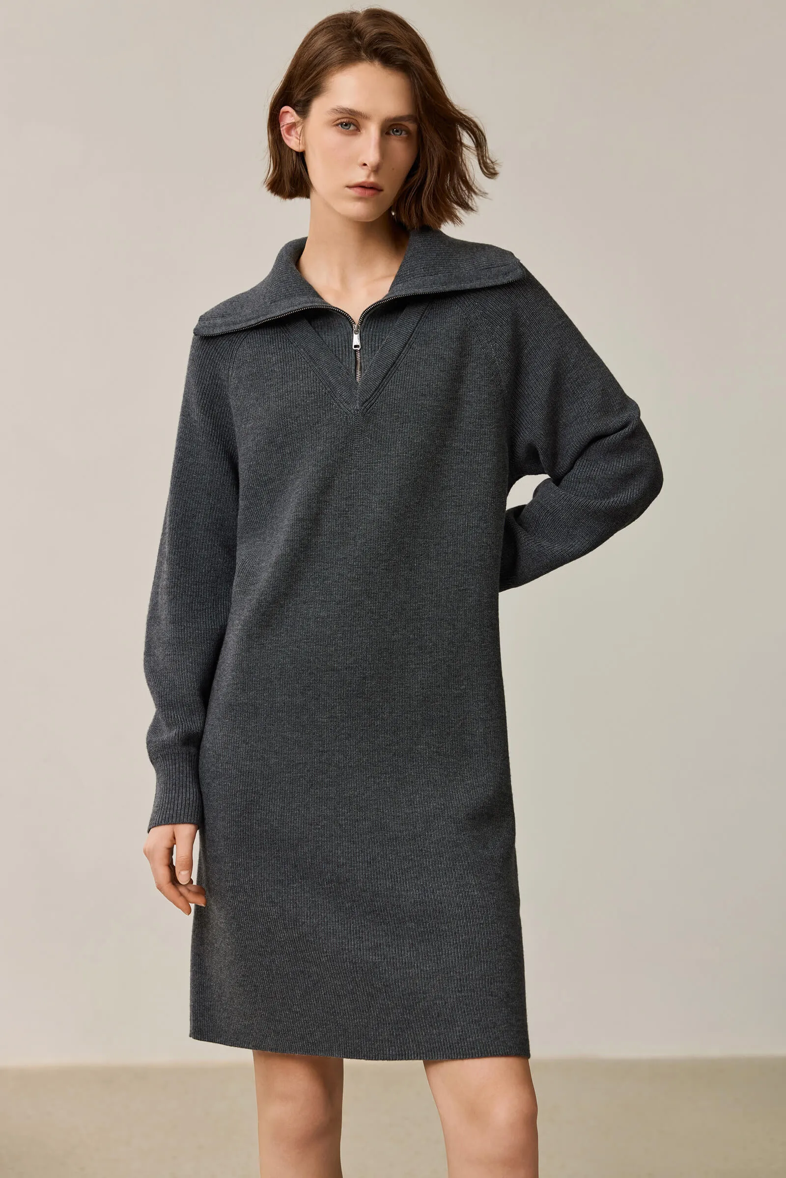 LILY Grey Tone Polo Zipper Knit Dress