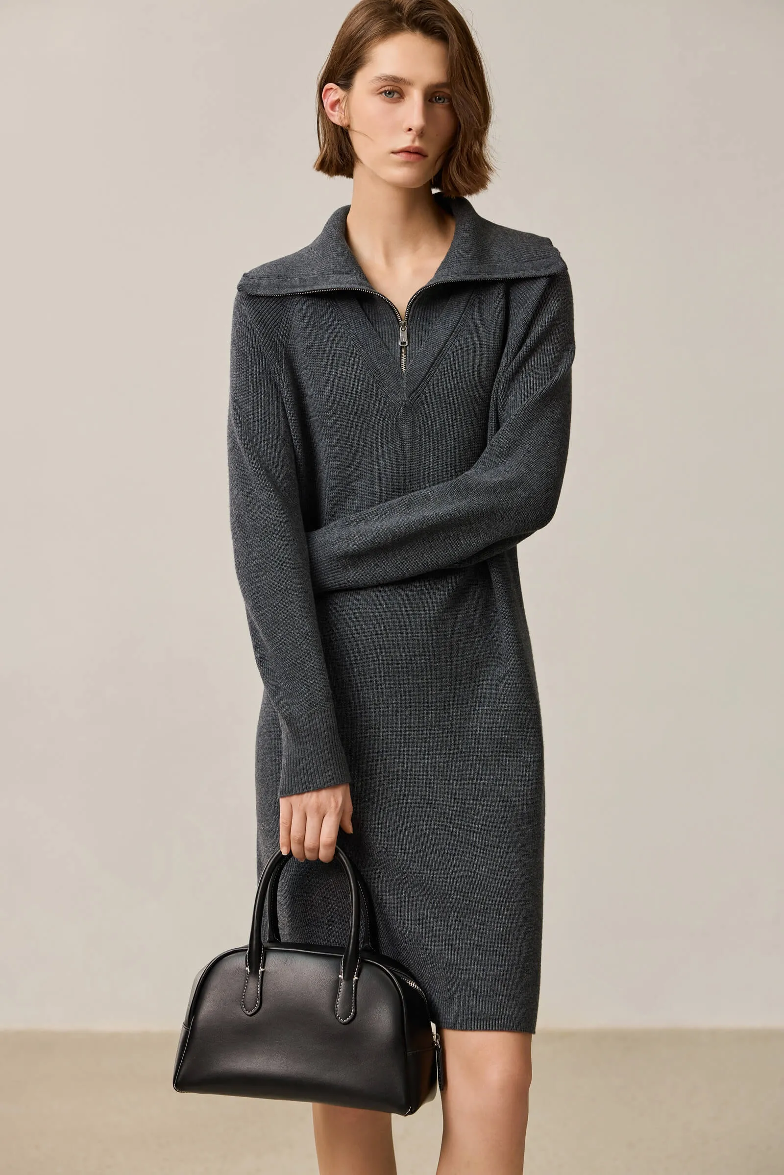 LILY Grey Tone Polo Zipper Knit Dress