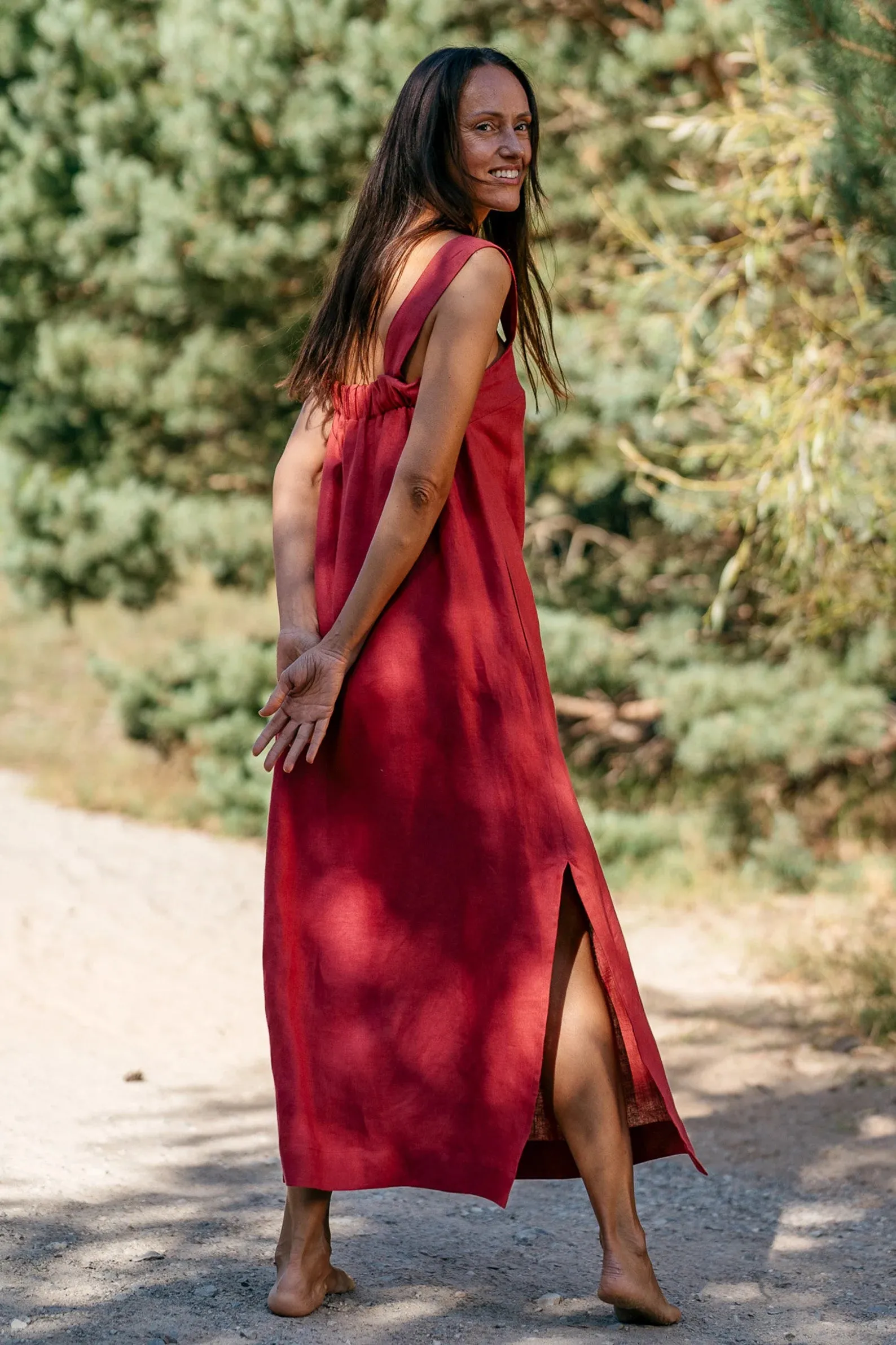 Linen Strap MAXI Dress ADELE In Raspberry