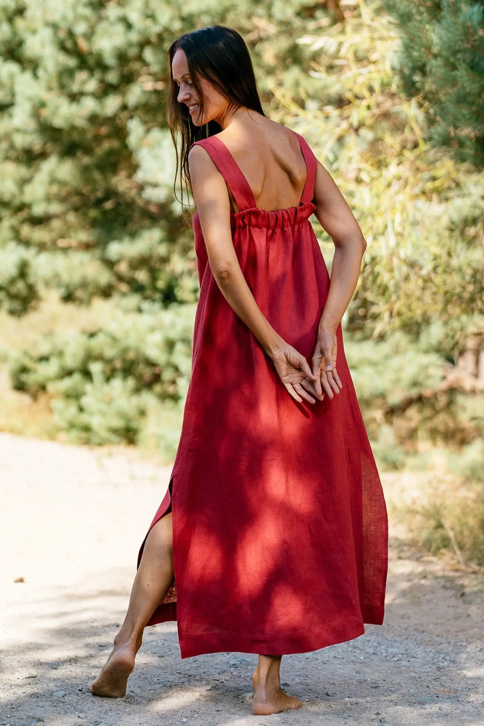 Linen Strap MAXI Dress ADELE In Raspberry