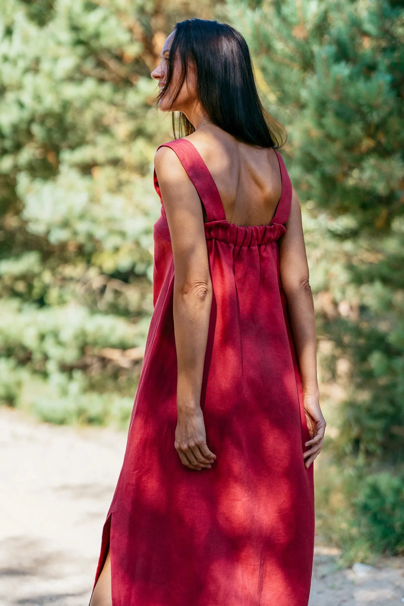 Linen Strap MAXI Dress ADELE In Raspberry