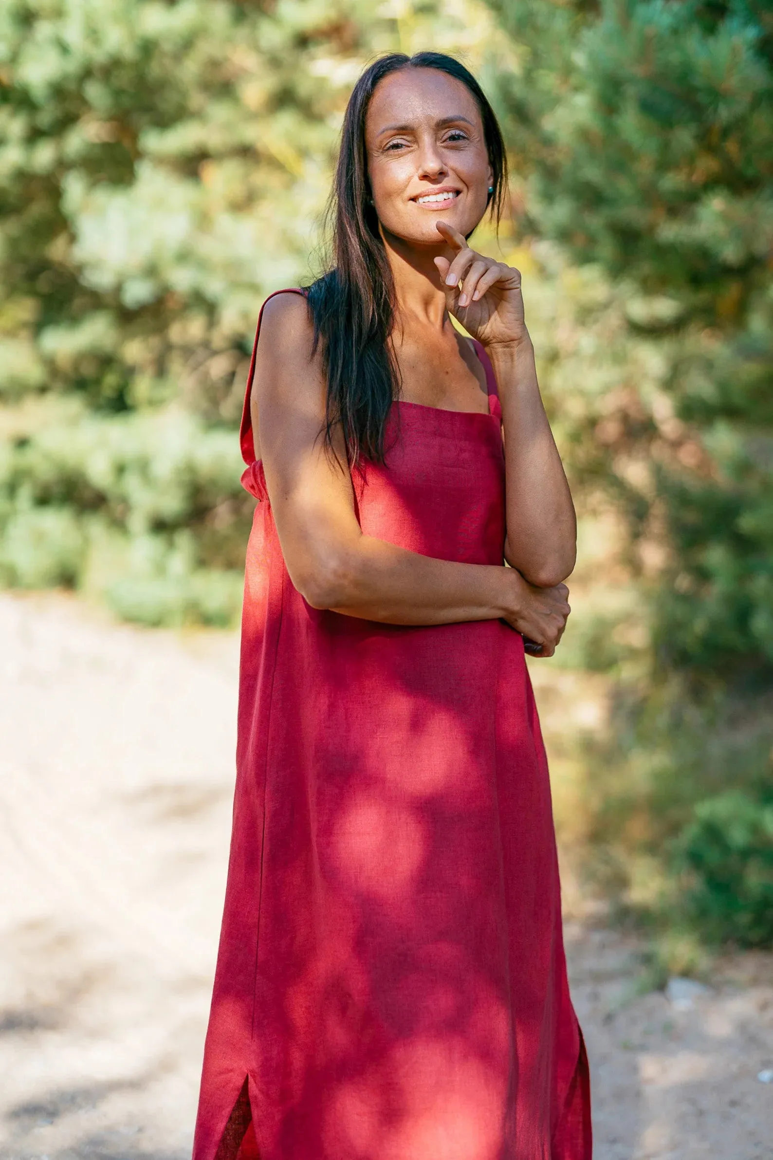 Linen Strap MAXI Dress ADELE In Raspberry