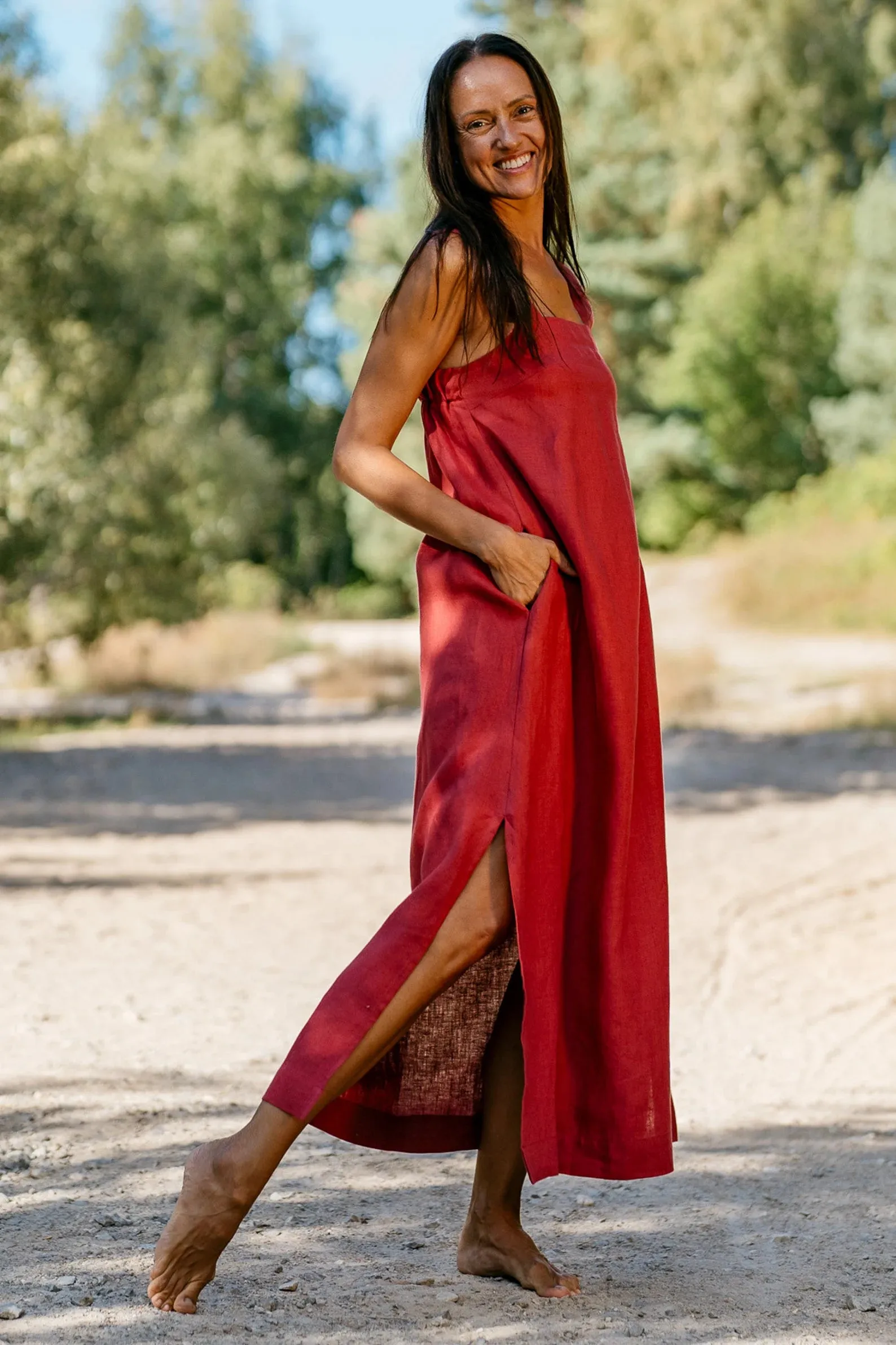 Linen Strap MAXI Dress ADELE In Raspberry