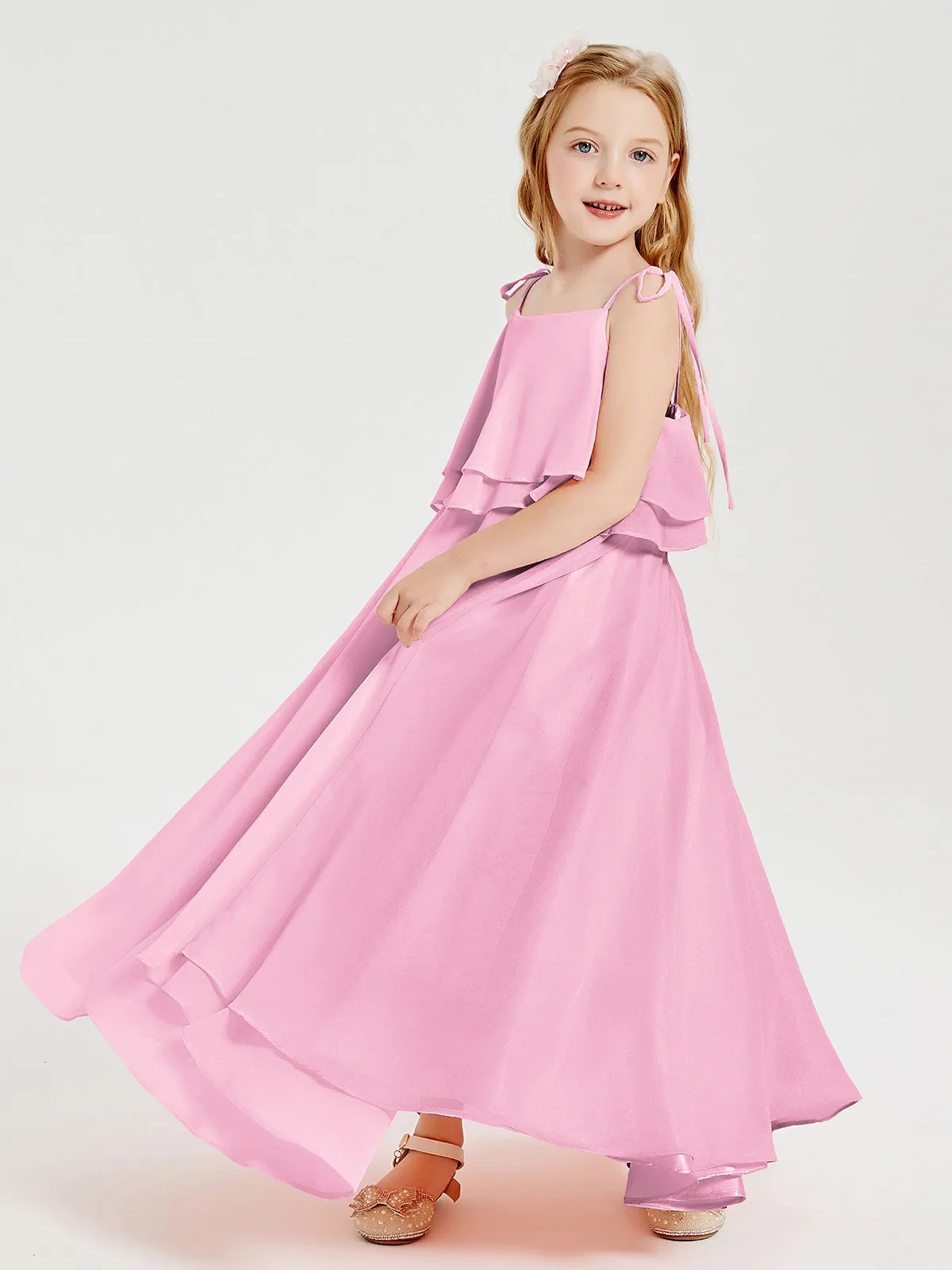 Long Chiffon Junior Bridesmaid Dresses Bowknot Spaghetti Straps Candy Pink