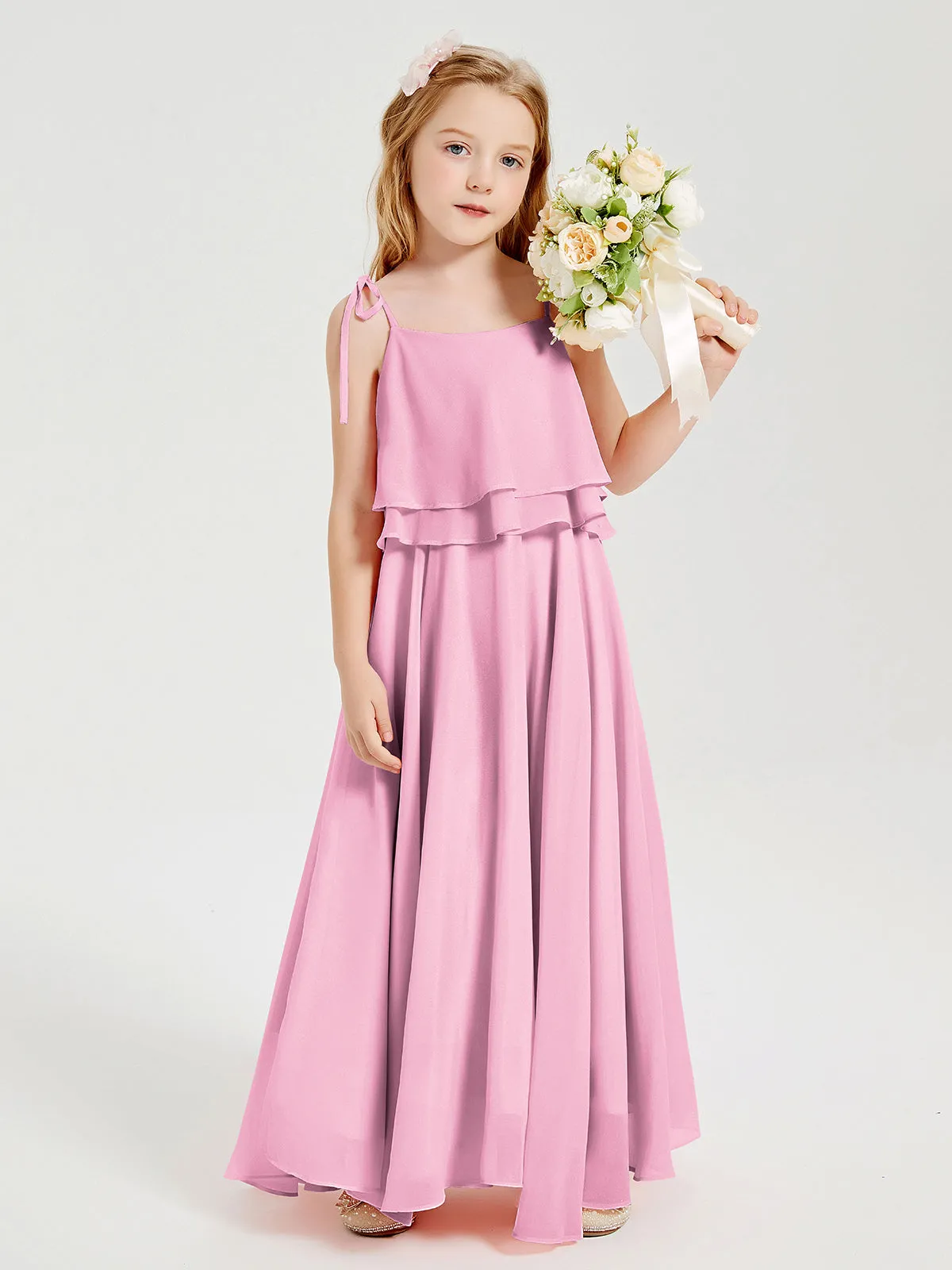 Long Chiffon Junior Bridesmaid Dresses Bowknot Spaghetti Straps Candy Pink