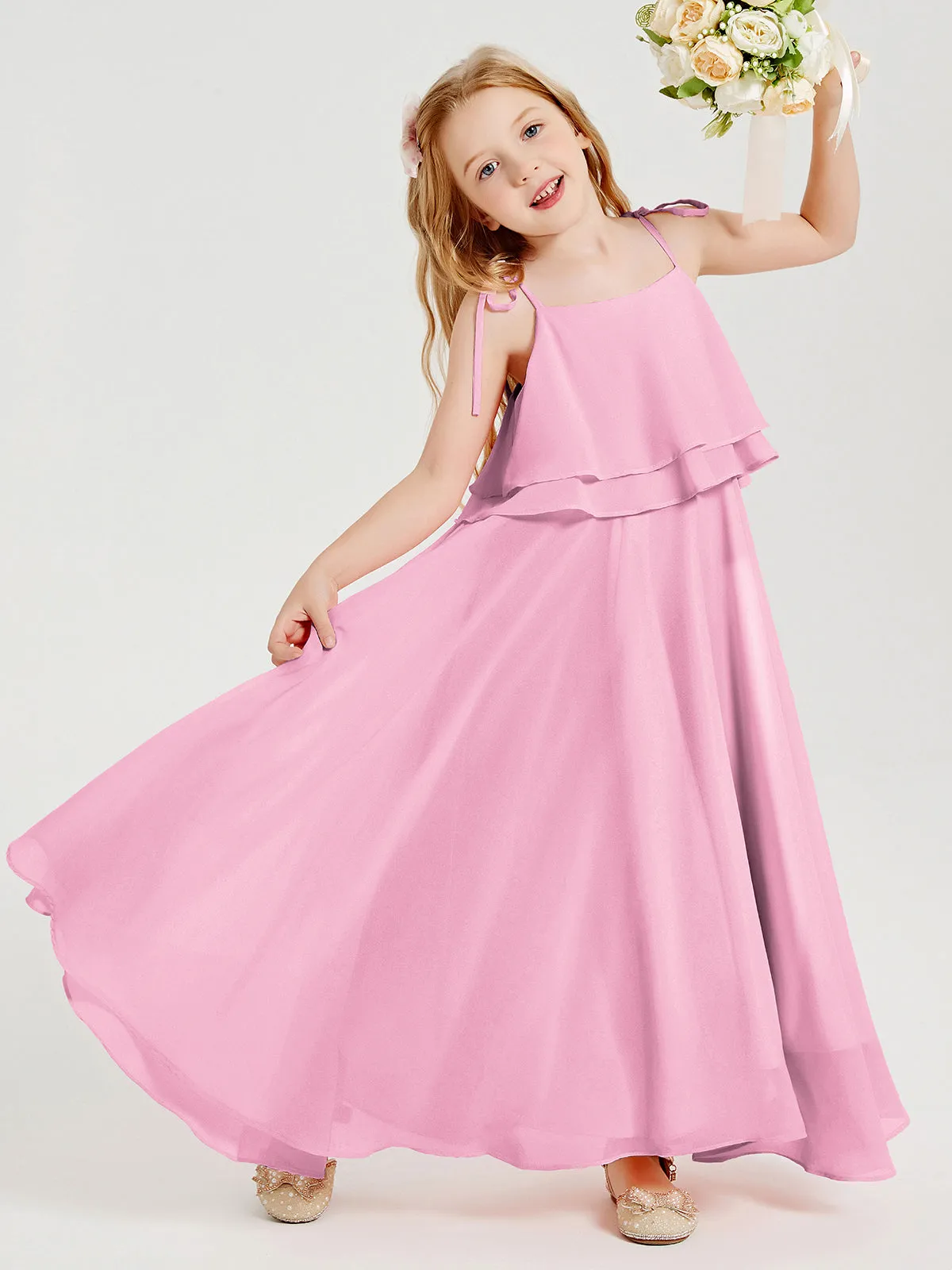 Long Chiffon Junior Bridesmaid Dresses Bowknot Spaghetti Straps Candy Pink