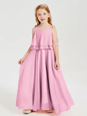 Long Chiffon Junior Bridesmaid Dresses Bowknot Spaghetti Straps Candy Pink