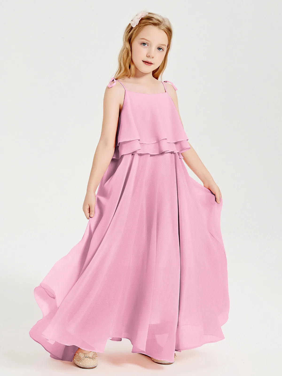 Long Chiffon Junior Bridesmaid Dresses Bowknot Spaghetti Straps Candy Pink