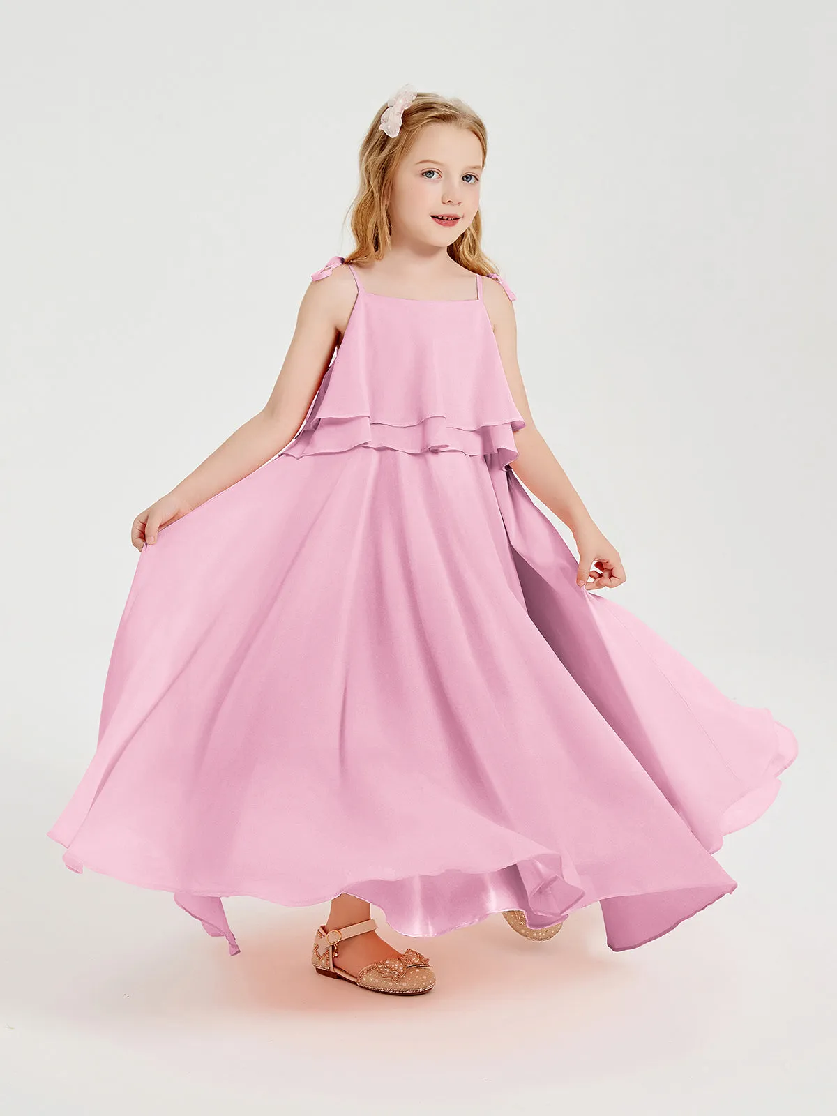 Long Chiffon Junior Bridesmaid Dresses Bowknot Spaghetti Straps Candy Pink