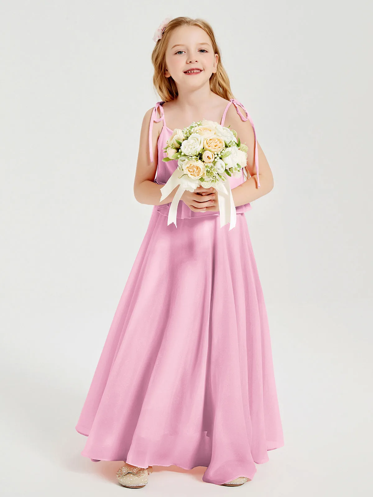 Long Chiffon Junior Bridesmaid Dresses Bowknot Spaghetti Straps Candy Pink