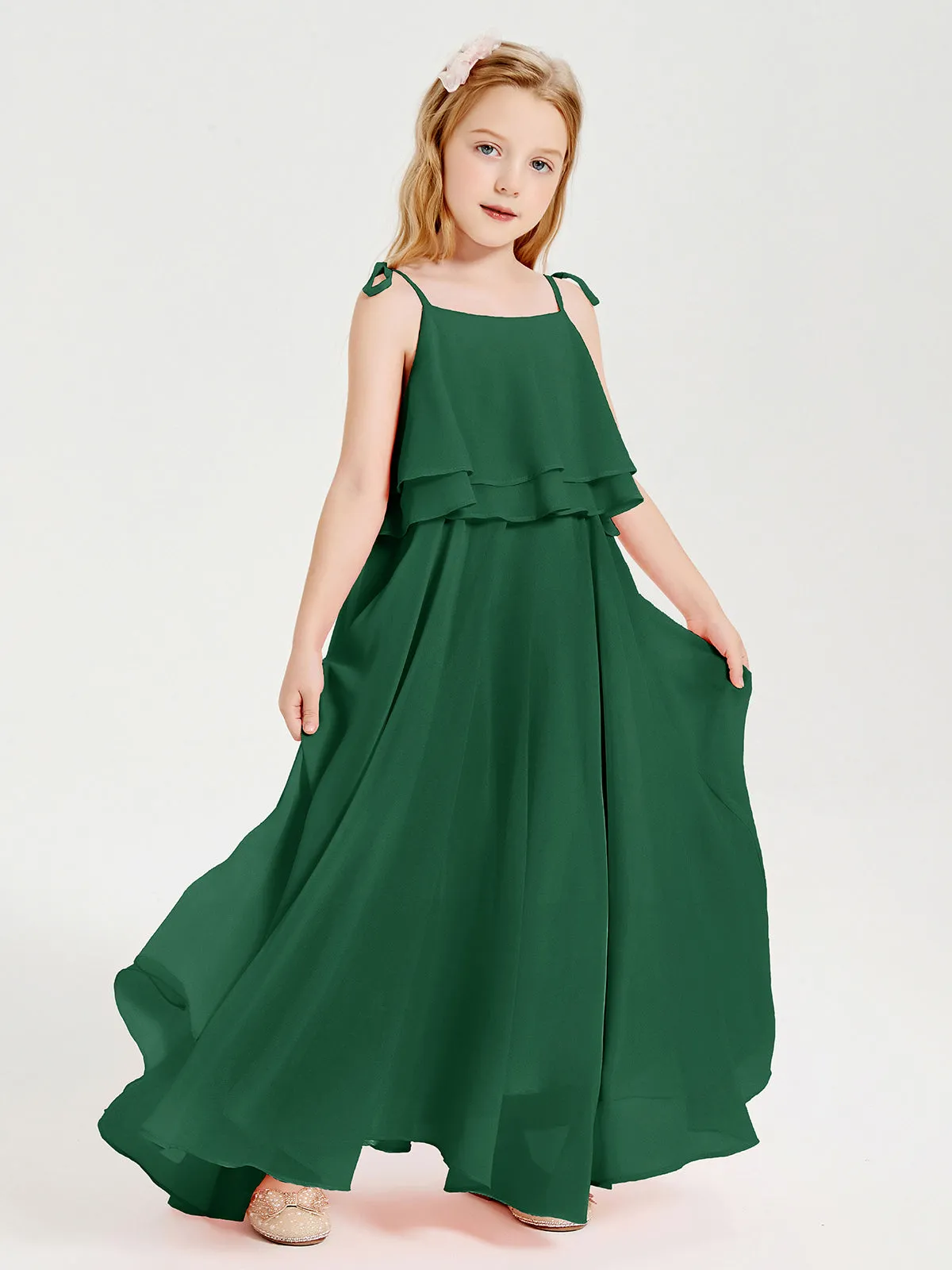 Long Chiffon Junior Bridesmaid Dresses Bowknot Spaghetti Straps Dark Green