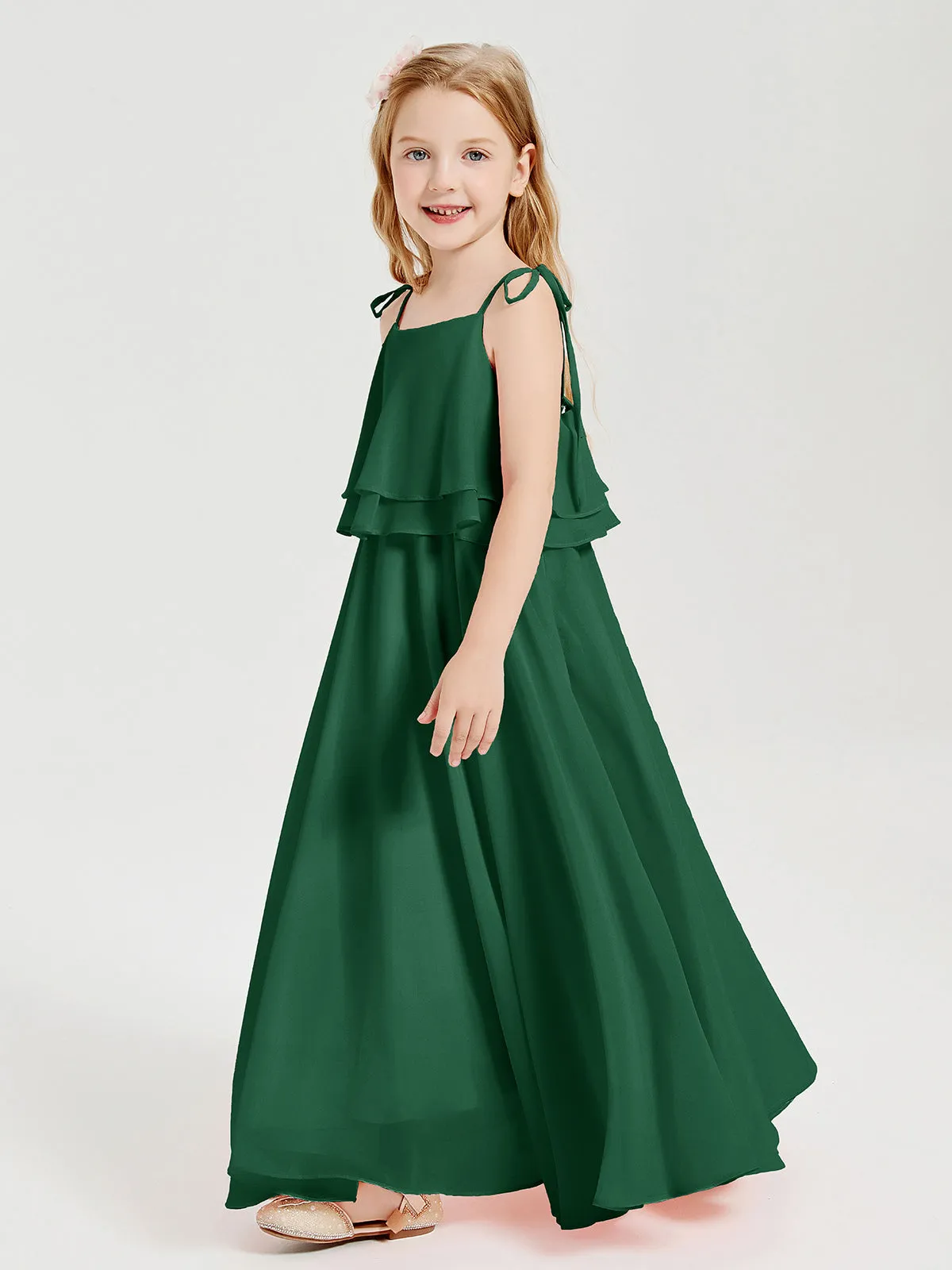 Long Chiffon Junior Bridesmaid Dresses Bowknot Spaghetti Straps Dark Green