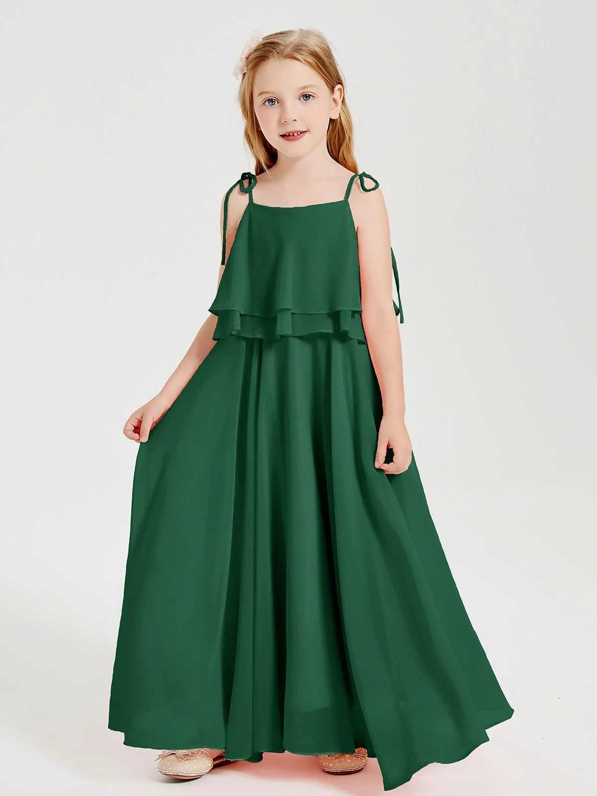 Long Chiffon Junior Bridesmaid Dresses Bowknot Spaghetti Straps Dark Green