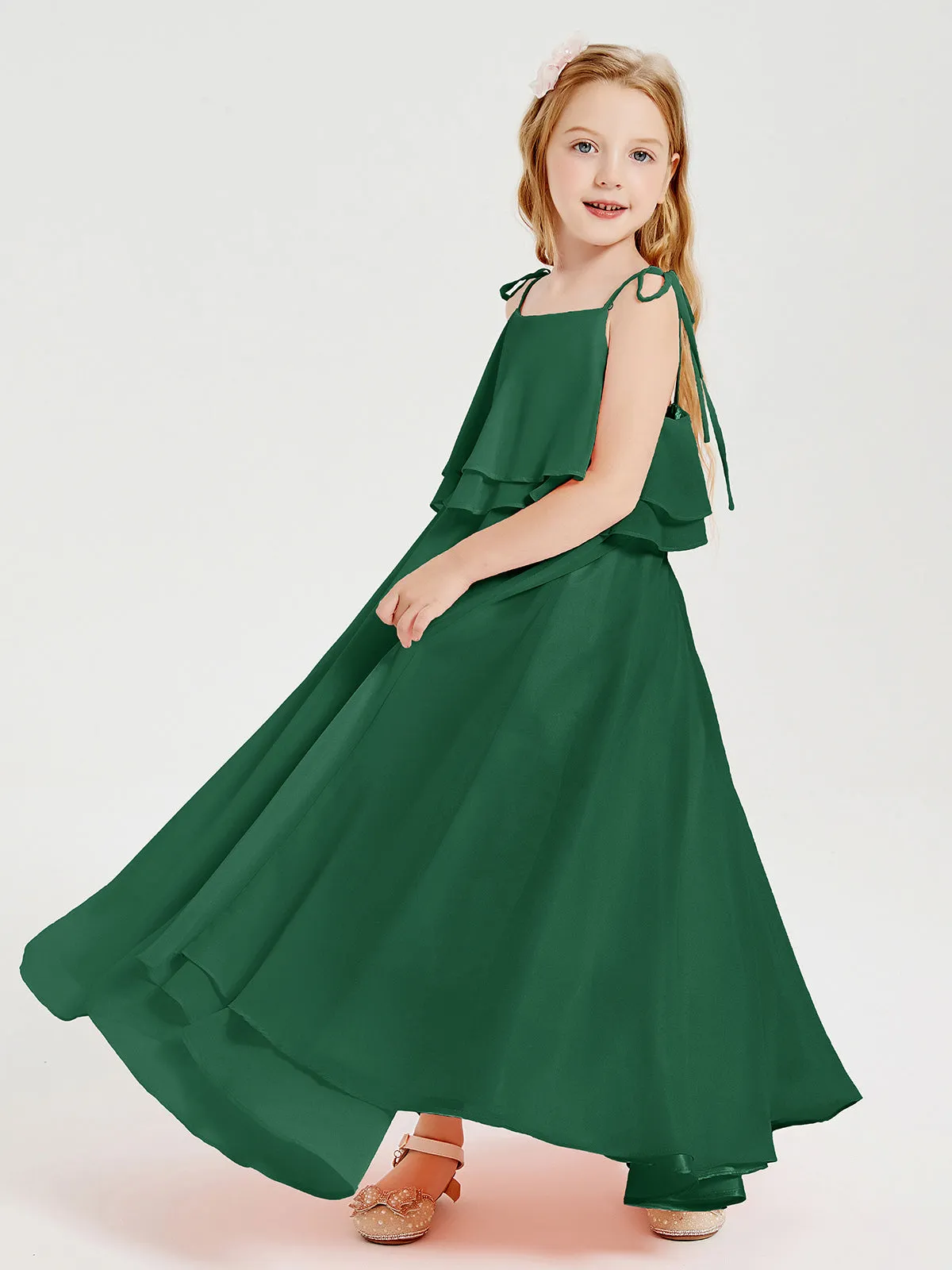 Long Chiffon Junior Bridesmaid Dresses Bowknot Spaghetti Straps Dark Green