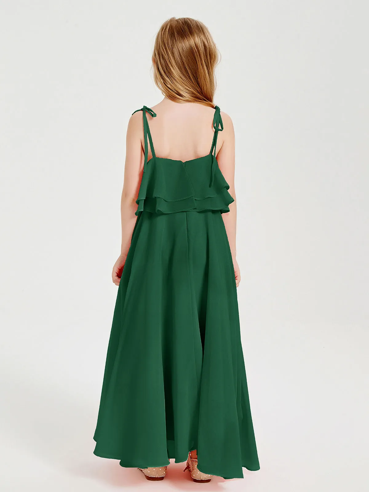 Long Chiffon Junior Bridesmaid Dresses Bowknot Spaghetti Straps Dark Green