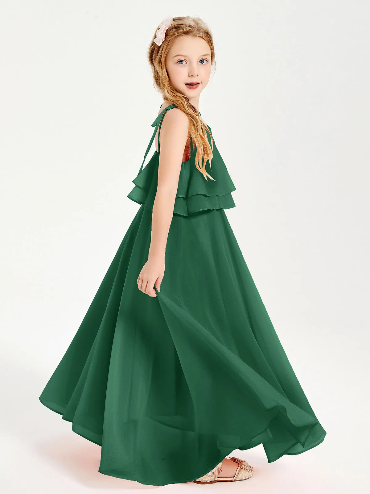 Long Chiffon Junior Bridesmaid Dresses Bowknot Spaghetti Straps Dark Green