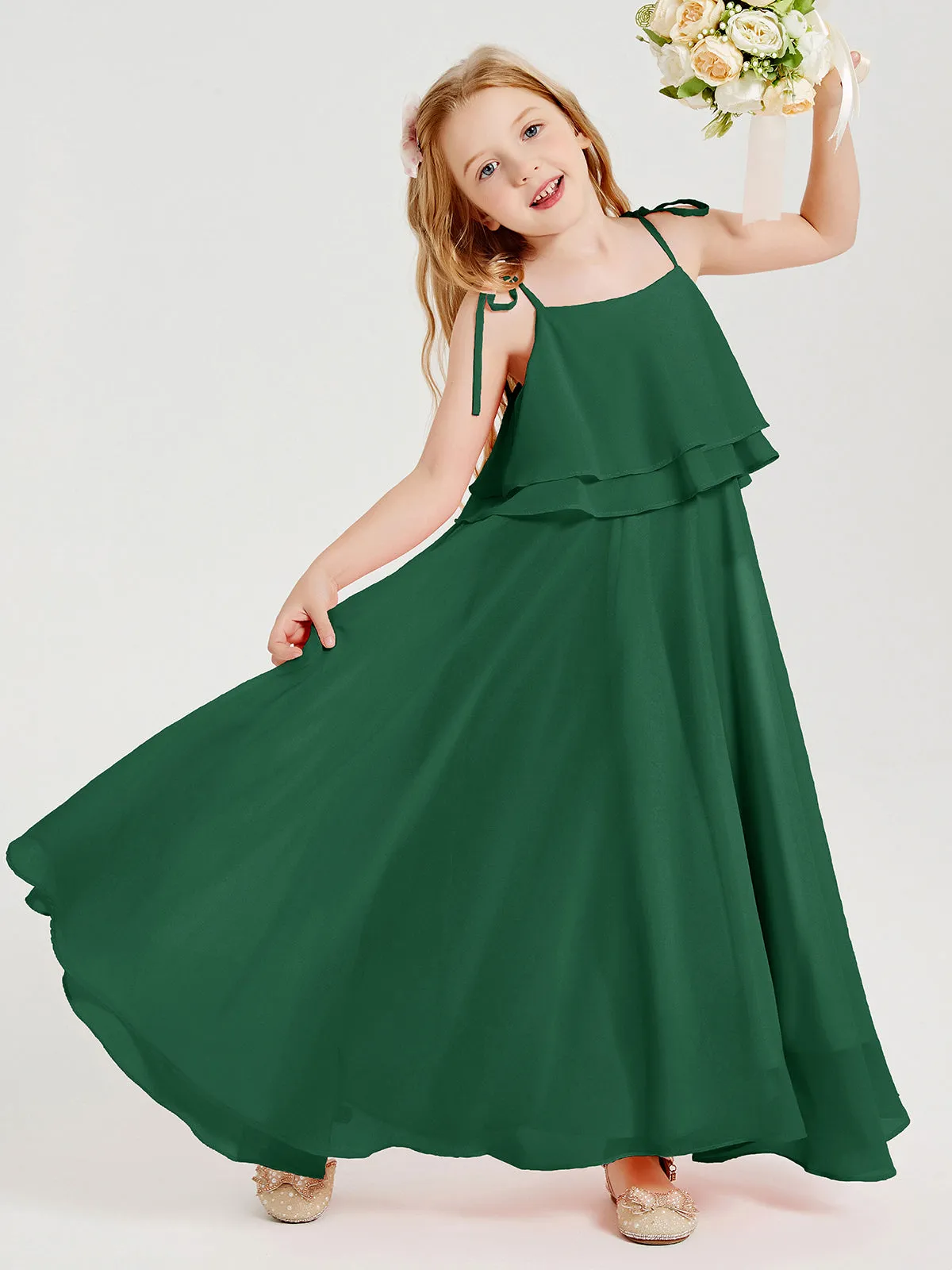 Long Chiffon Junior Bridesmaid Dresses Bowknot Spaghetti Straps Dark Green