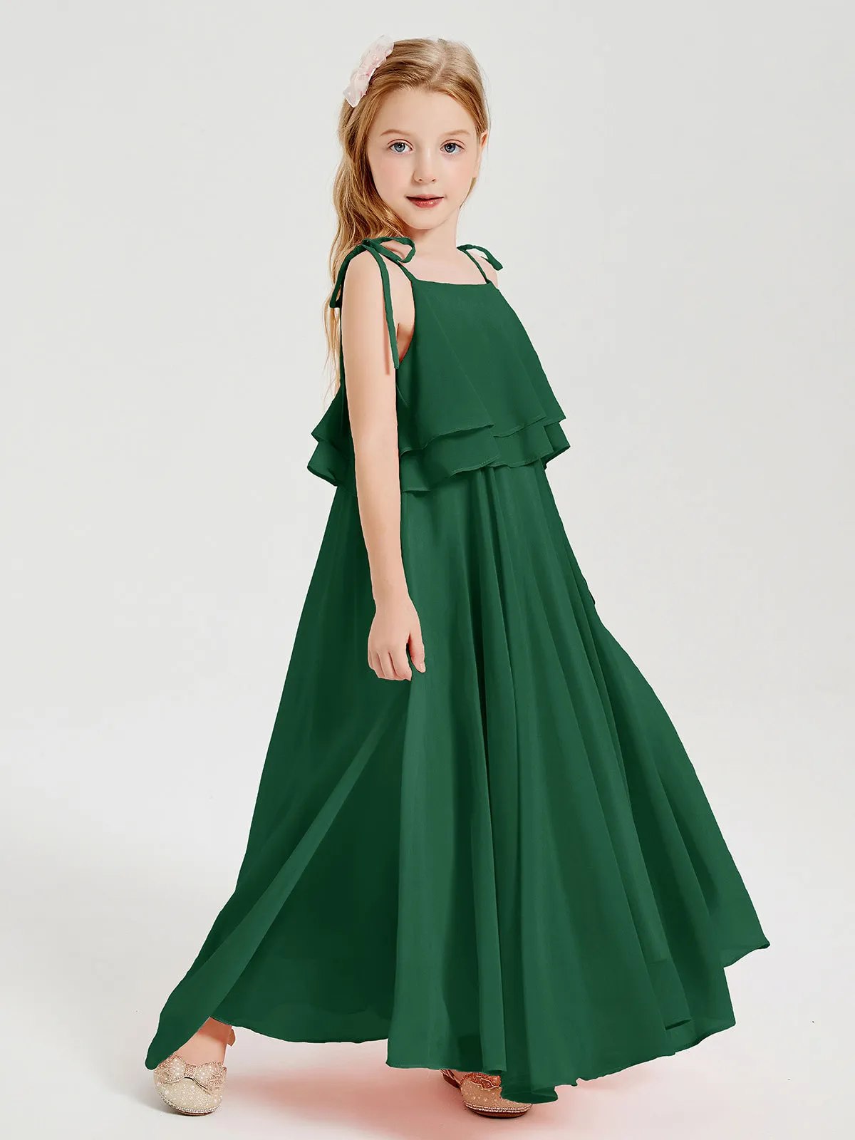 Long Chiffon Junior Bridesmaid Dresses Bowknot Spaghetti Straps Dark Green