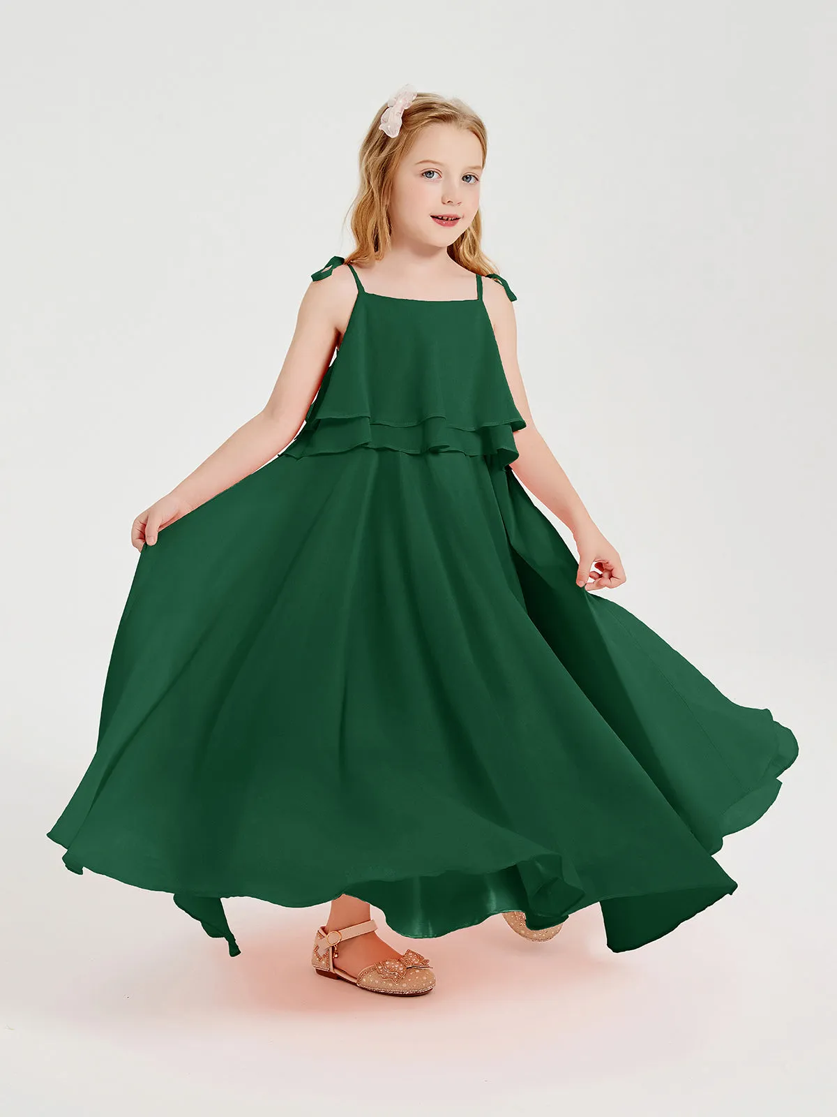 Long Chiffon Junior Bridesmaid Dresses Bowknot Spaghetti Straps Dark Green