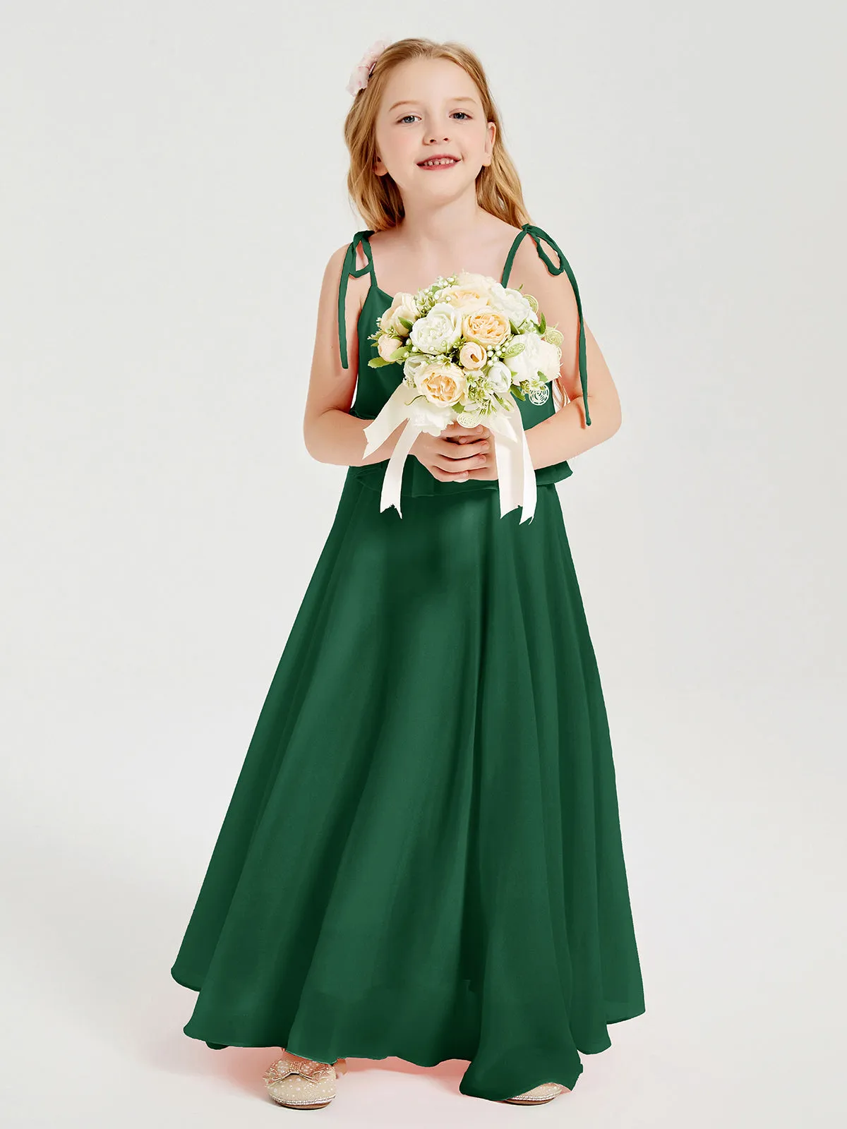 Long Chiffon Junior Bridesmaid Dresses Bowknot Spaghetti Straps Dark Green