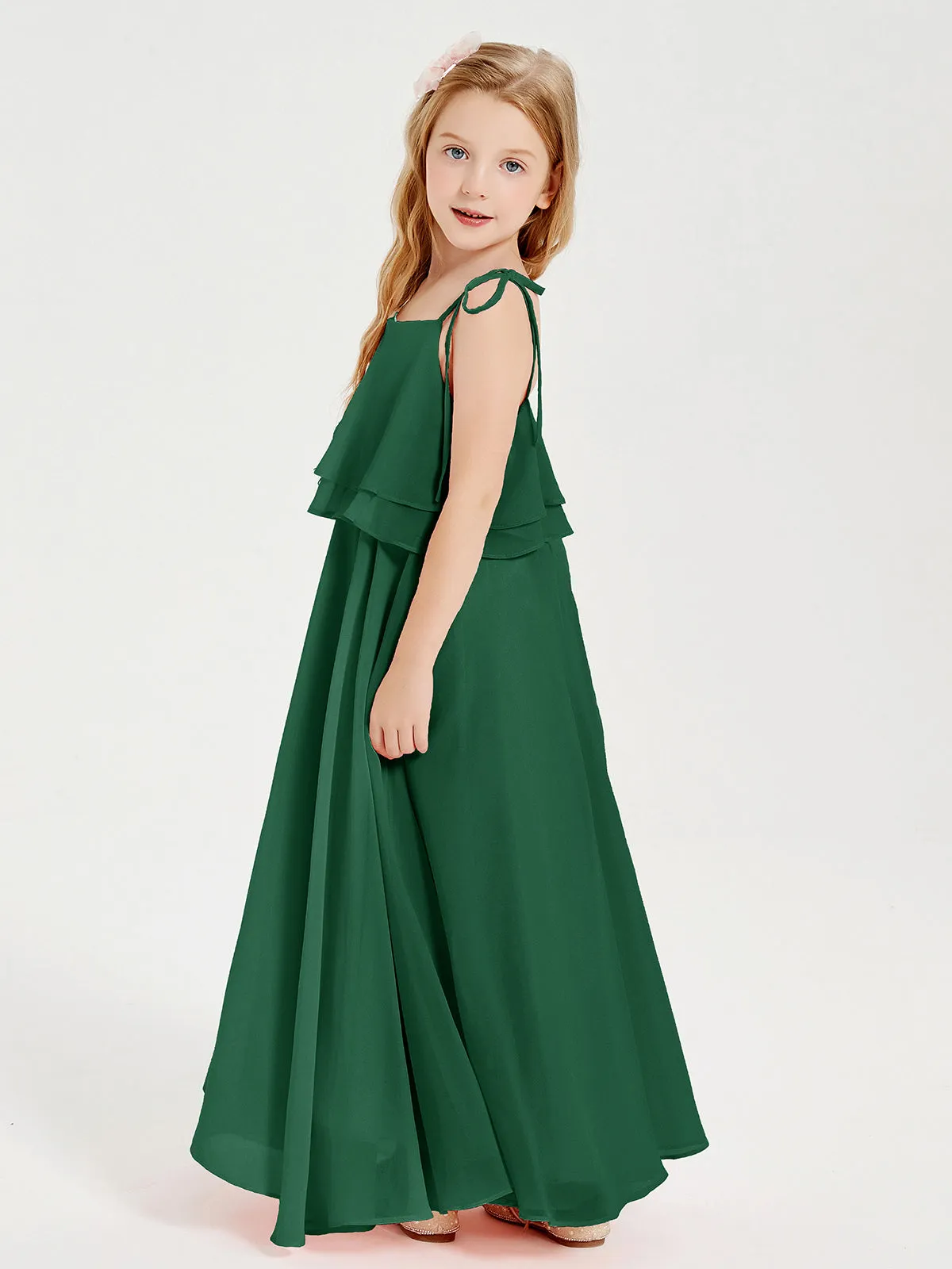 Long Chiffon Junior Bridesmaid Dresses Bowknot Spaghetti Straps Dark Green