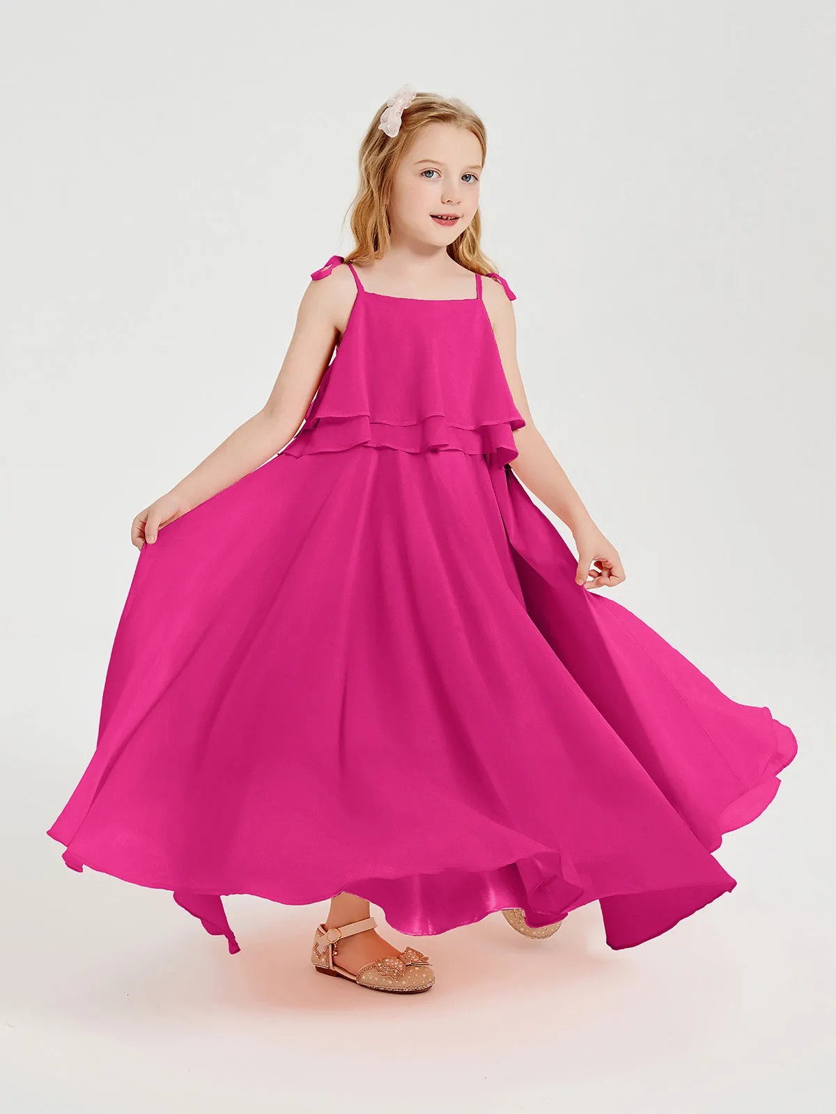 Long Chiffon Junior Bridesmaid Dresses Bowknot Spaghetti Straps Fuchsia