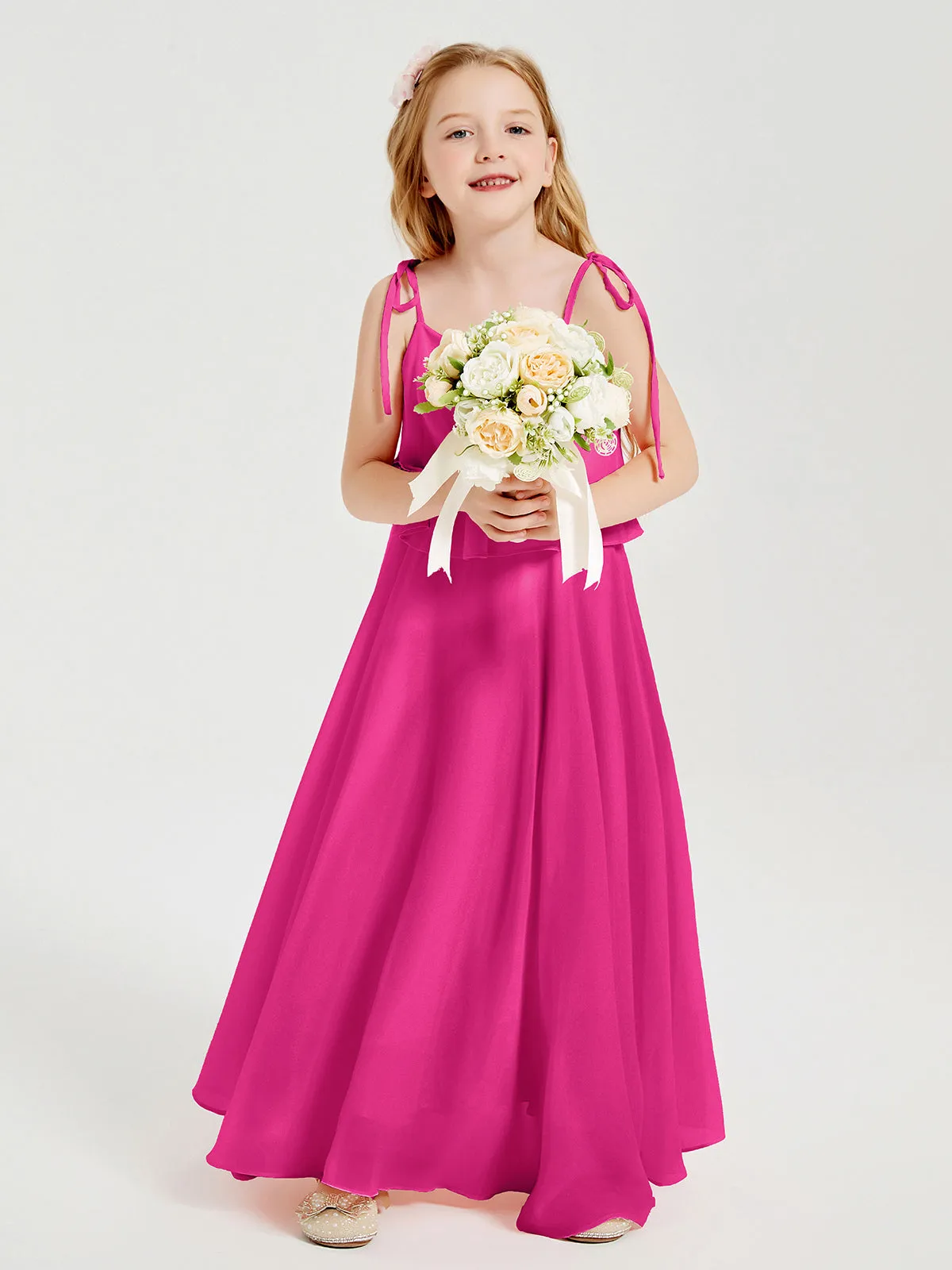 Long Chiffon Junior Bridesmaid Dresses Bowknot Spaghetti Straps Fuchsia