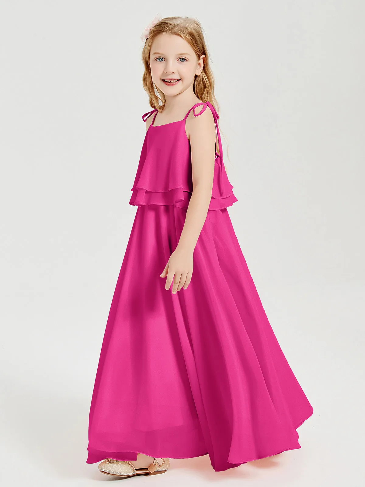 Long Chiffon Junior Bridesmaid Dresses Bowknot Spaghetti Straps Fuchsia