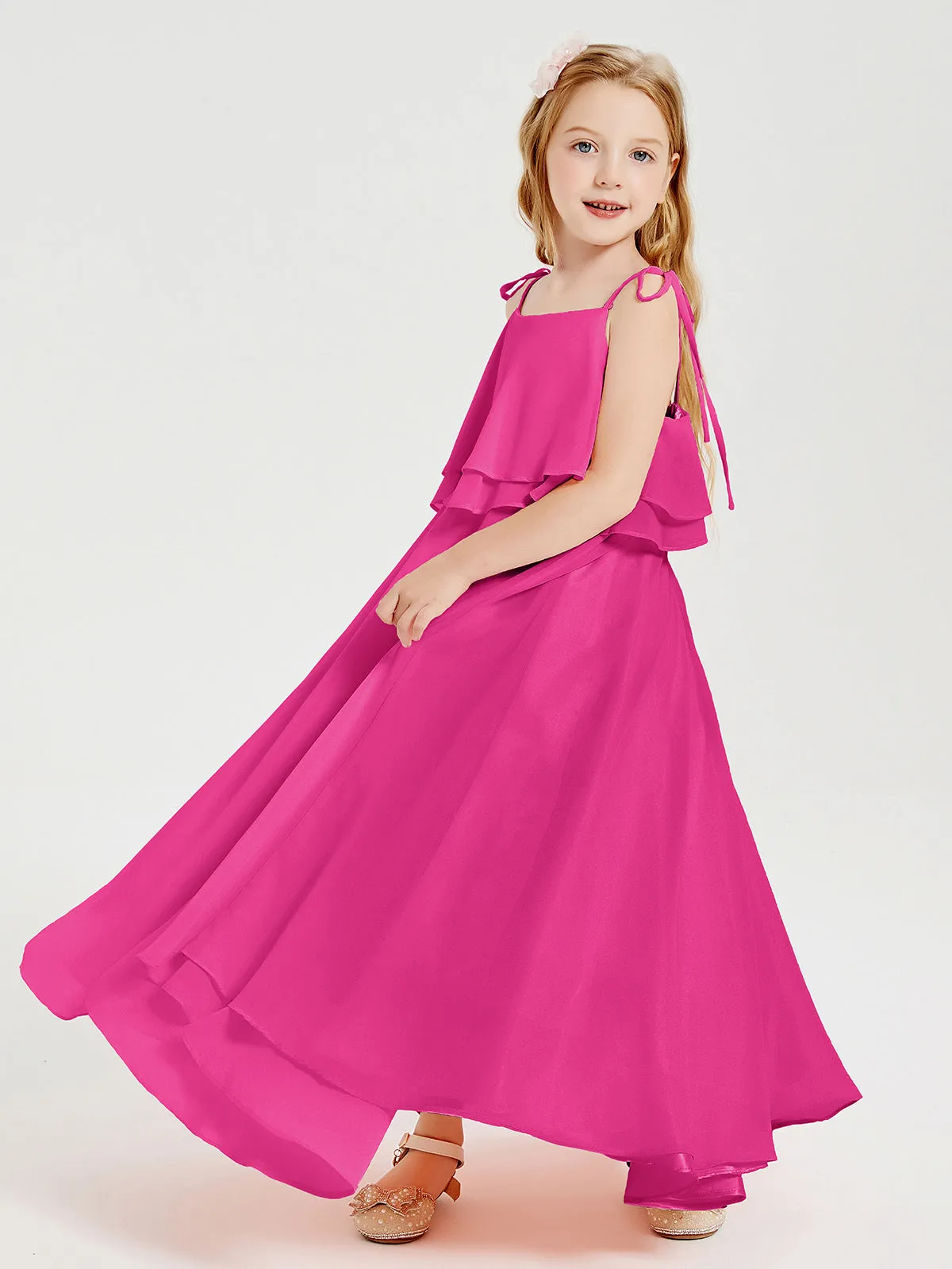 Long Chiffon Junior Bridesmaid Dresses Bowknot Spaghetti Straps Fuchsia