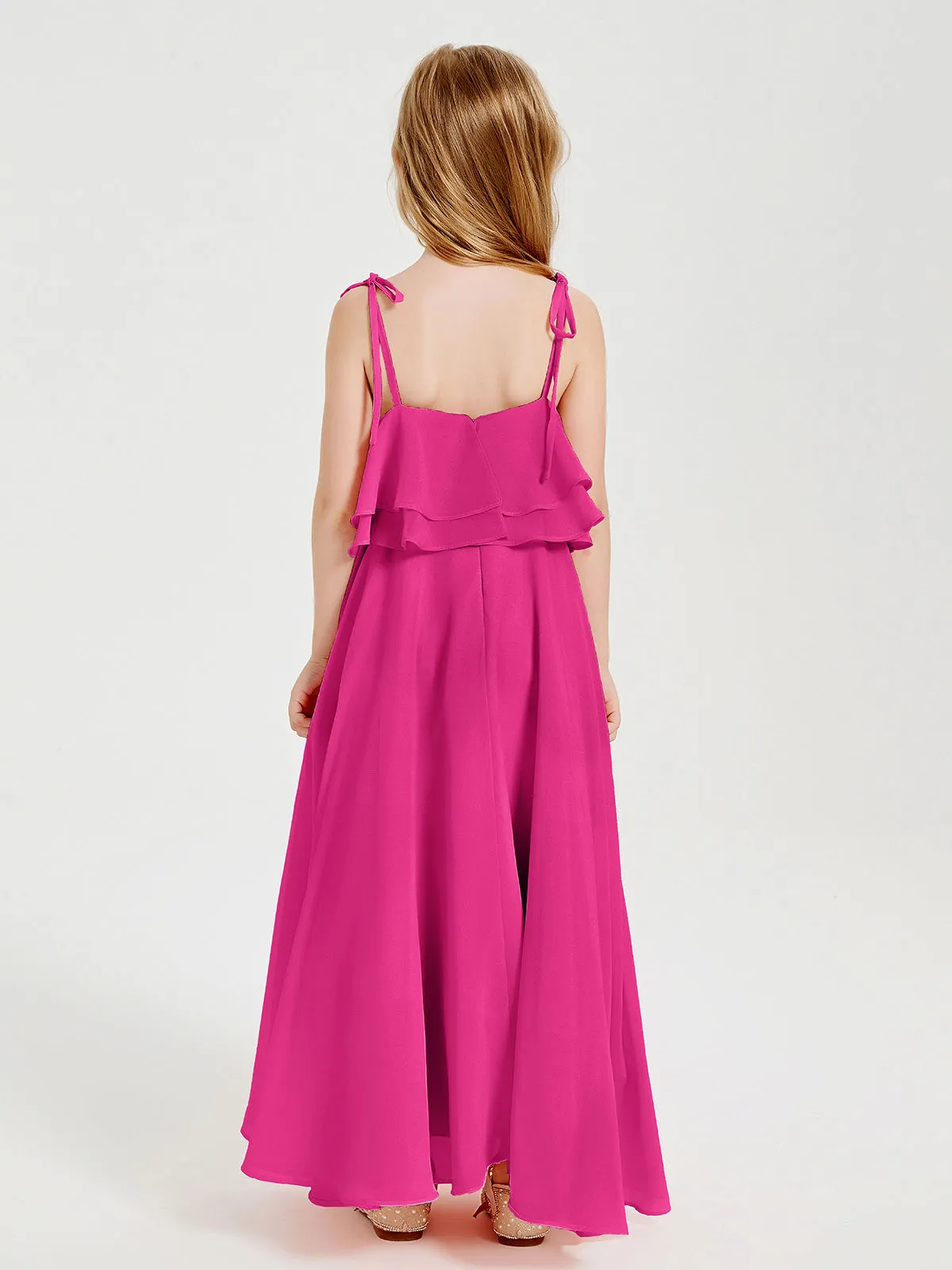 Long Chiffon Junior Bridesmaid Dresses Bowknot Spaghetti Straps Fuchsia