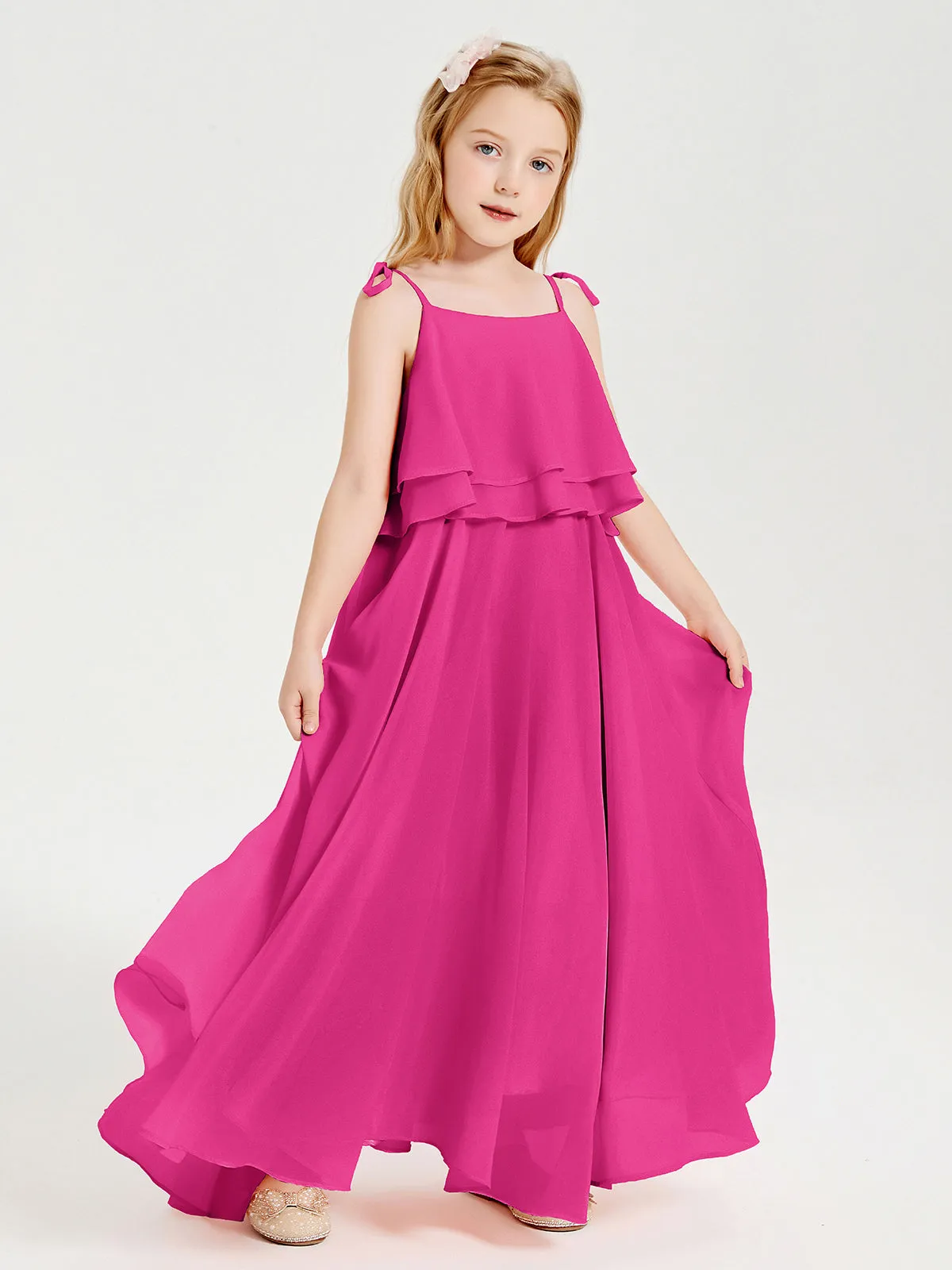 Long Chiffon Junior Bridesmaid Dresses Bowknot Spaghetti Straps Fuchsia