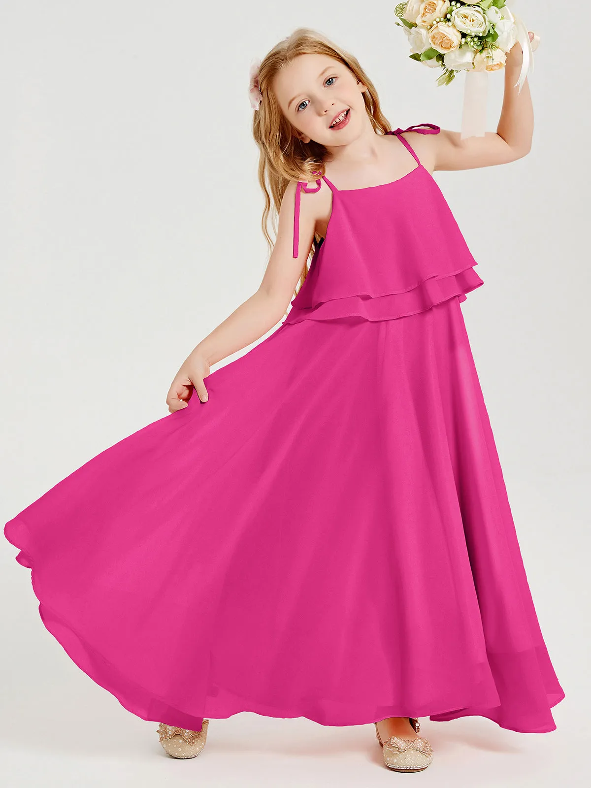 Long Chiffon Junior Bridesmaid Dresses Bowknot Spaghetti Straps Fuchsia