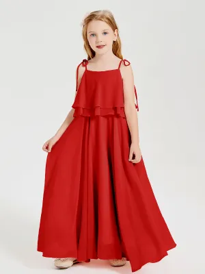 Long Chiffon Junior Bridesmaid Dresses Bowknot Spaghetti Straps Red