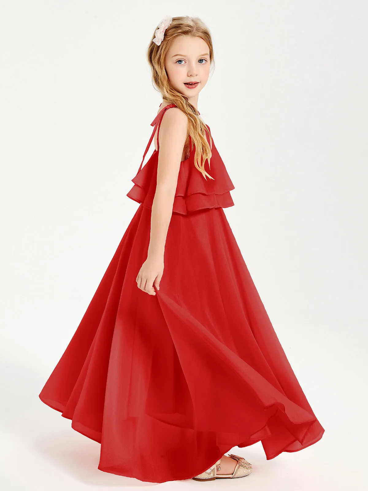 Long Chiffon Junior Bridesmaid Dresses Bowknot Spaghetti Straps Red