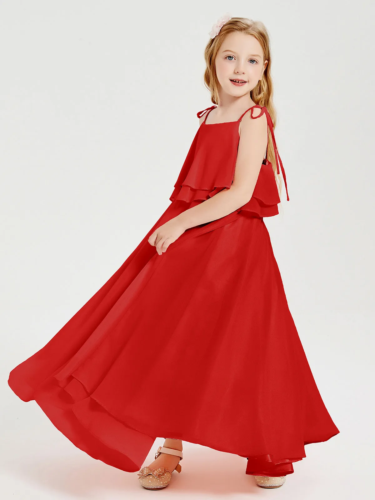 Long Chiffon Junior Bridesmaid Dresses Bowknot Spaghetti Straps Red