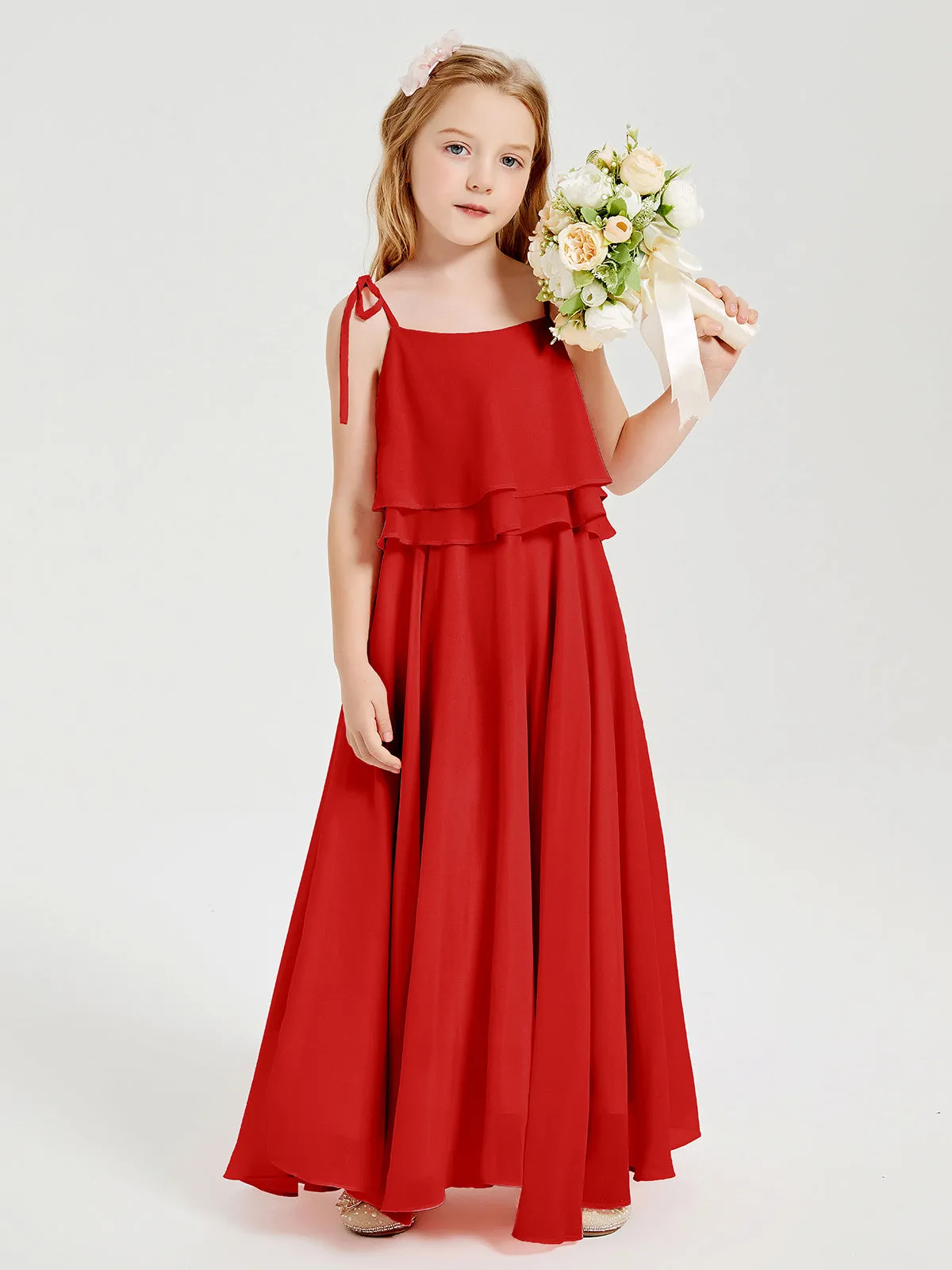 Long Chiffon Junior Bridesmaid Dresses Bowknot Spaghetti Straps Red