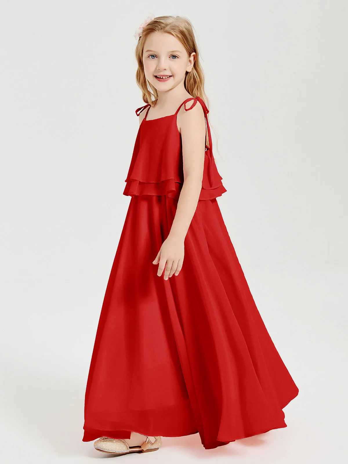 Long Chiffon Junior Bridesmaid Dresses Bowknot Spaghetti Straps Red