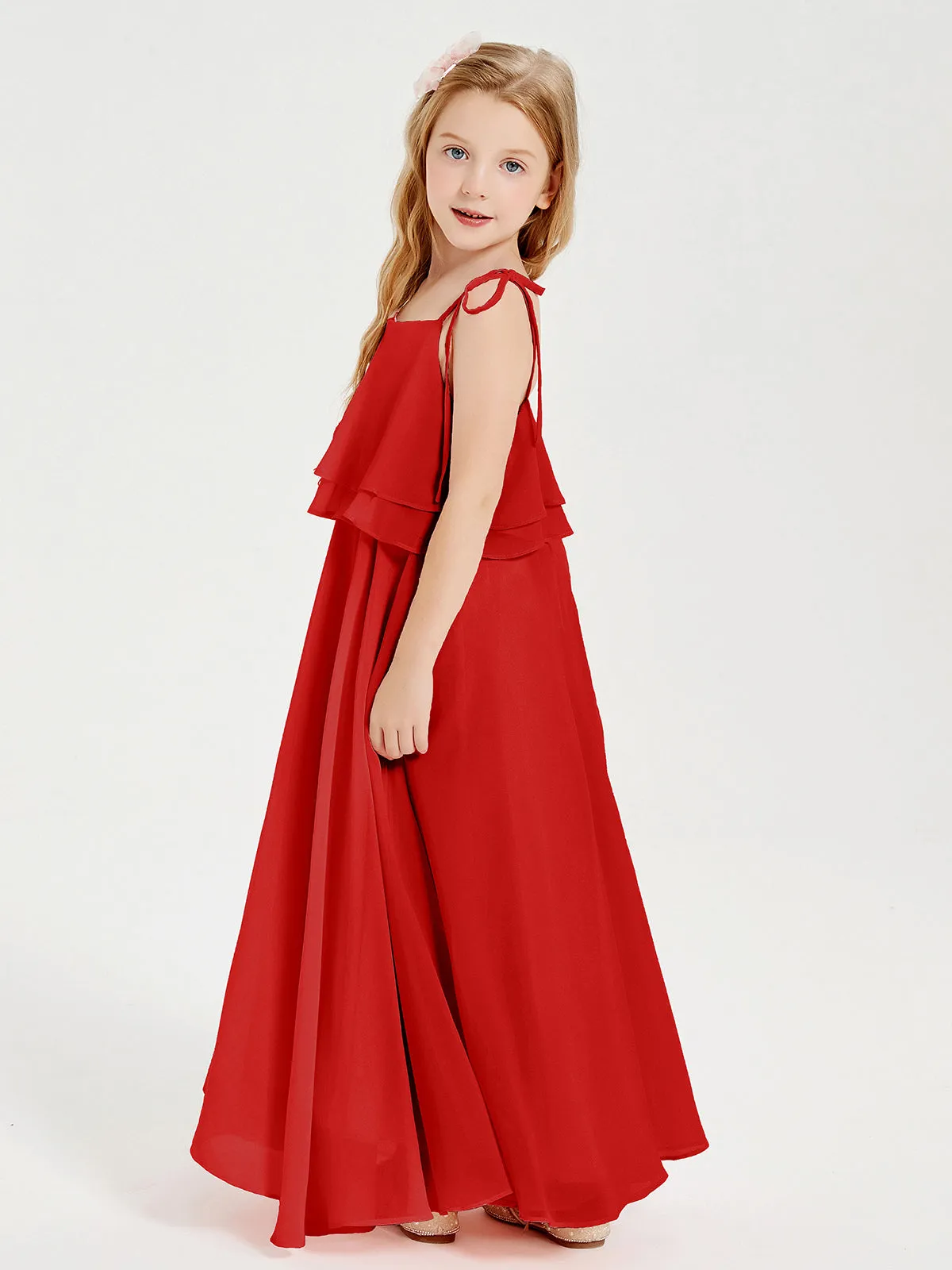 Long Chiffon Junior Bridesmaid Dresses Bowknot Spaghetti Straps Red