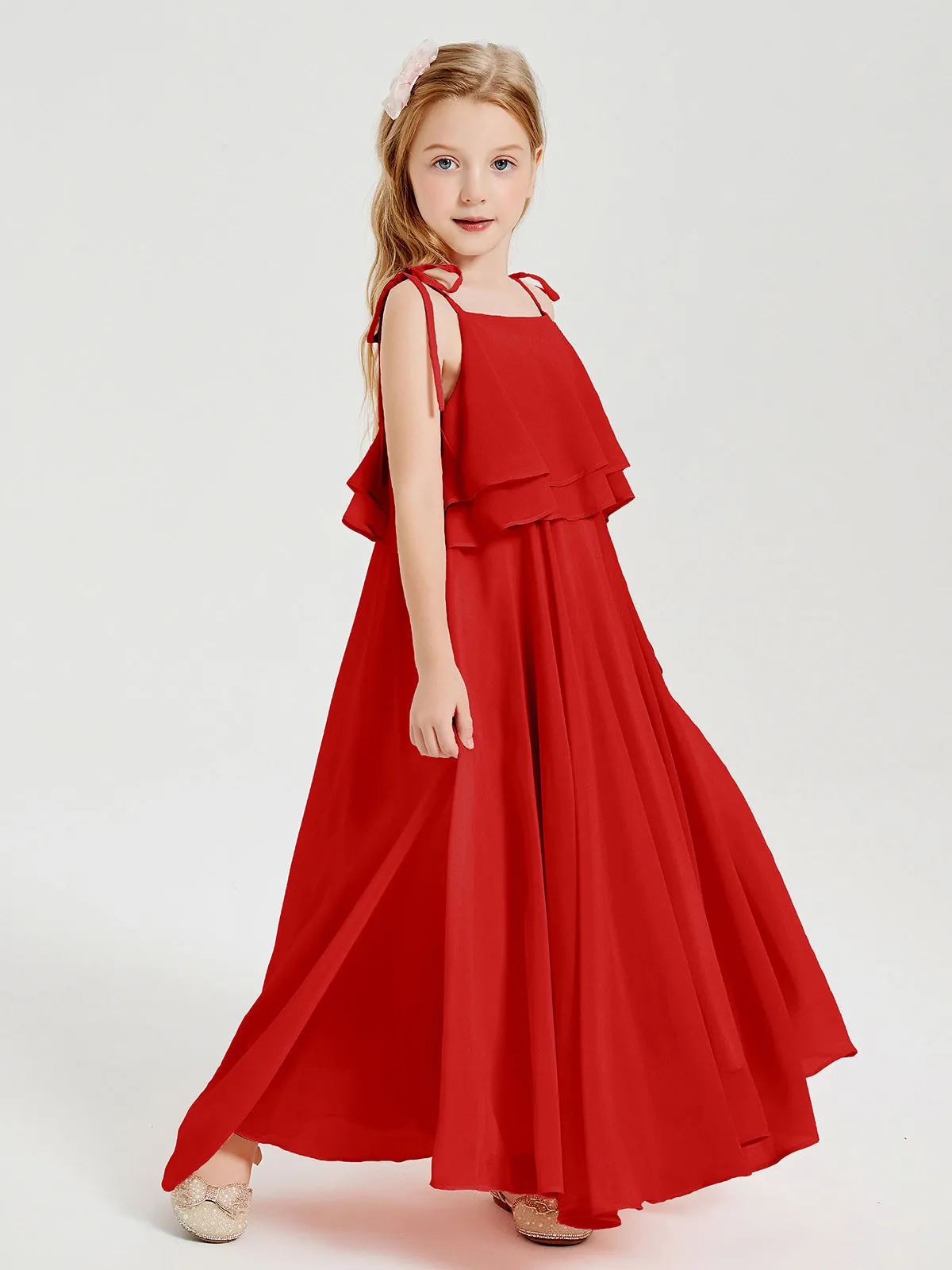 Long Chiffon Junior Bridesmaid Dresses Bowknot Spaghetti Straps Red