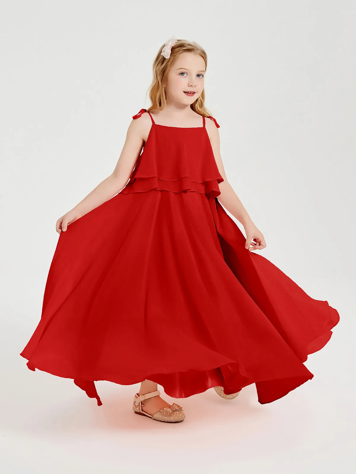 Long Chiffon Junior Bridesmaid Dresses Bowknot Spaghetti Straps Red