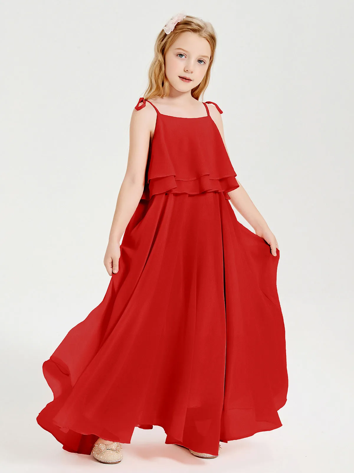 Long Chiffon Junior Bridesmaid Dresses Bowknot Spaghetti Straps Red