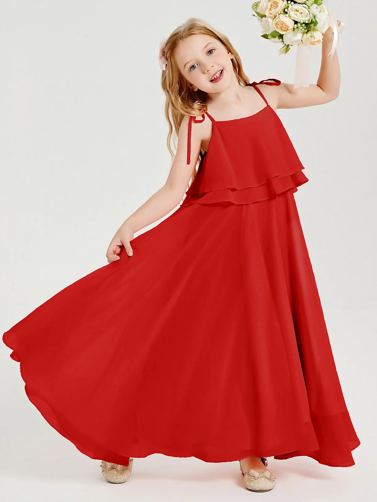 Long Chiffon Junior Bridesmaid Dresses Bowknot Spaghetti Straps Red