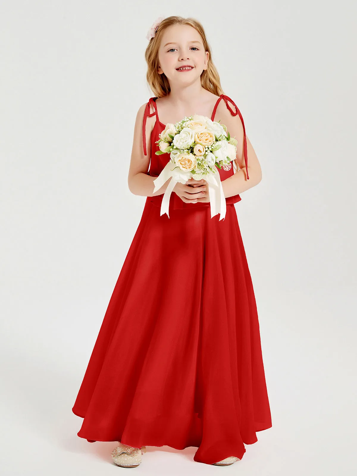 Long Chiffon Junior Bridesmaid Dresses Bowknot Spaghetti Straps Red