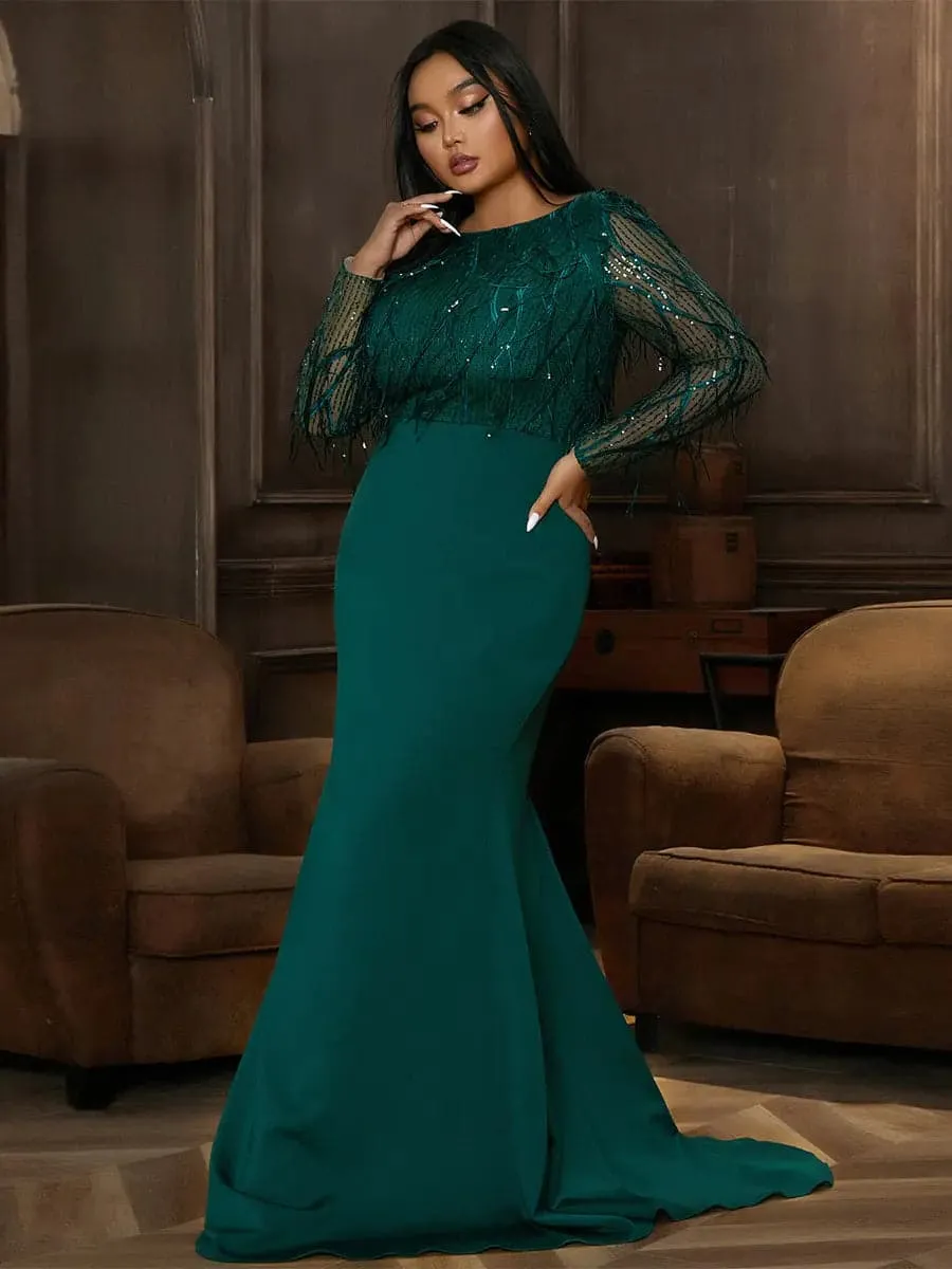 Long Sleeve Fringed Sequin Green Evening Dress PJMT1103