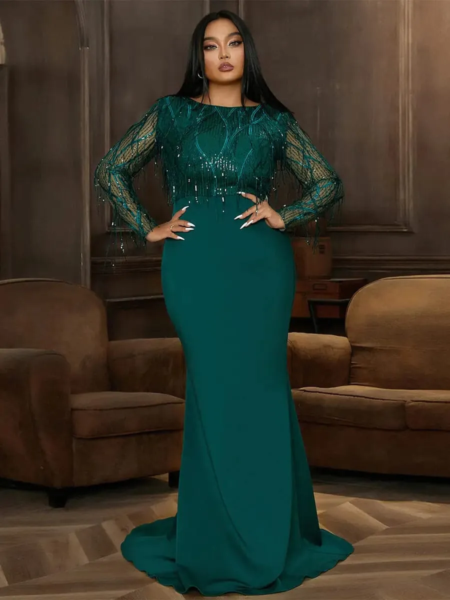 Long Sleeve Fringed Sequin Green Evening Dress PJMT1103