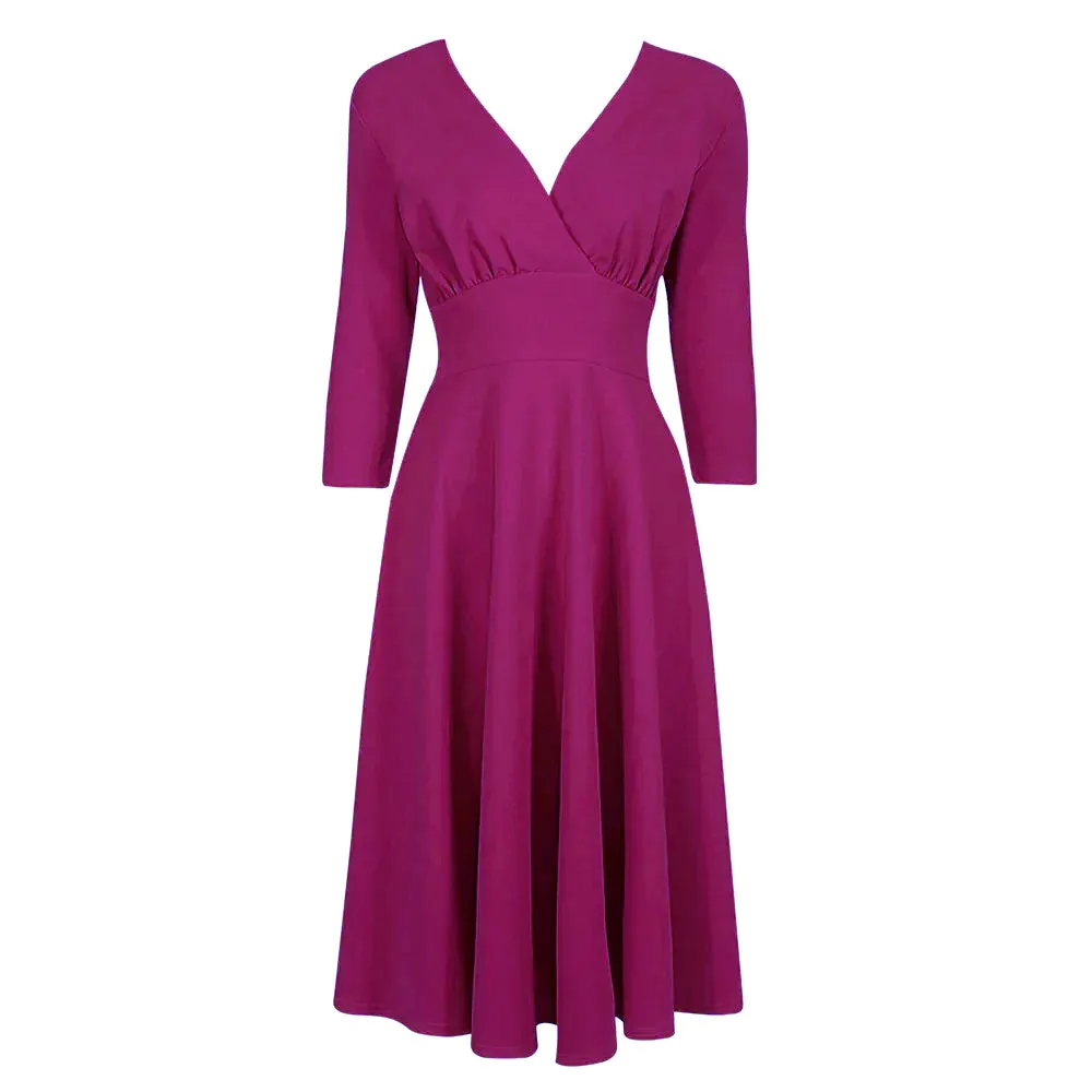 Magenta Crossover Top 3/4 Sleeve A Line 50s Tea Swing Dress