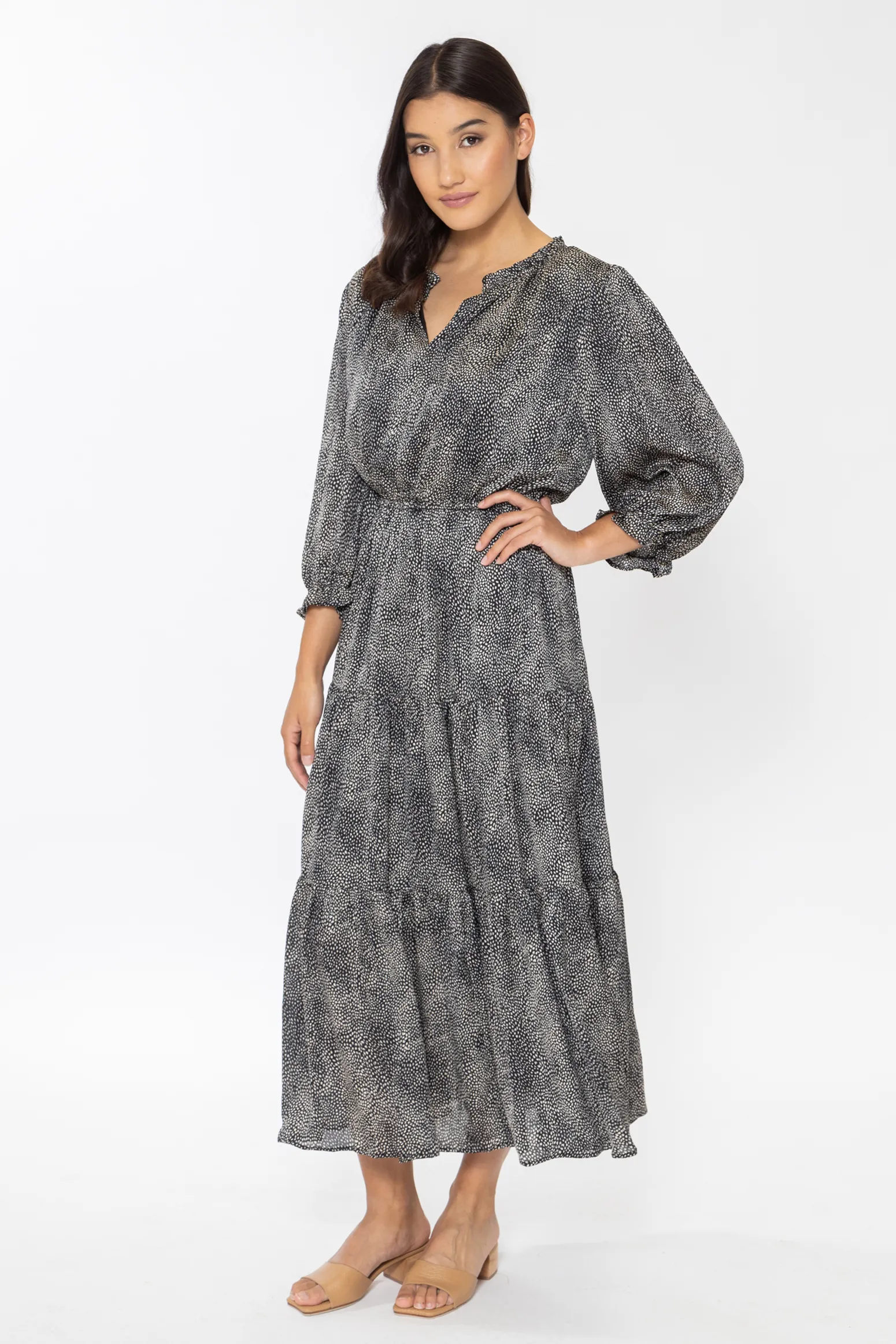 Magical Black Mini Cheetah LS Tiered Maxi Dress