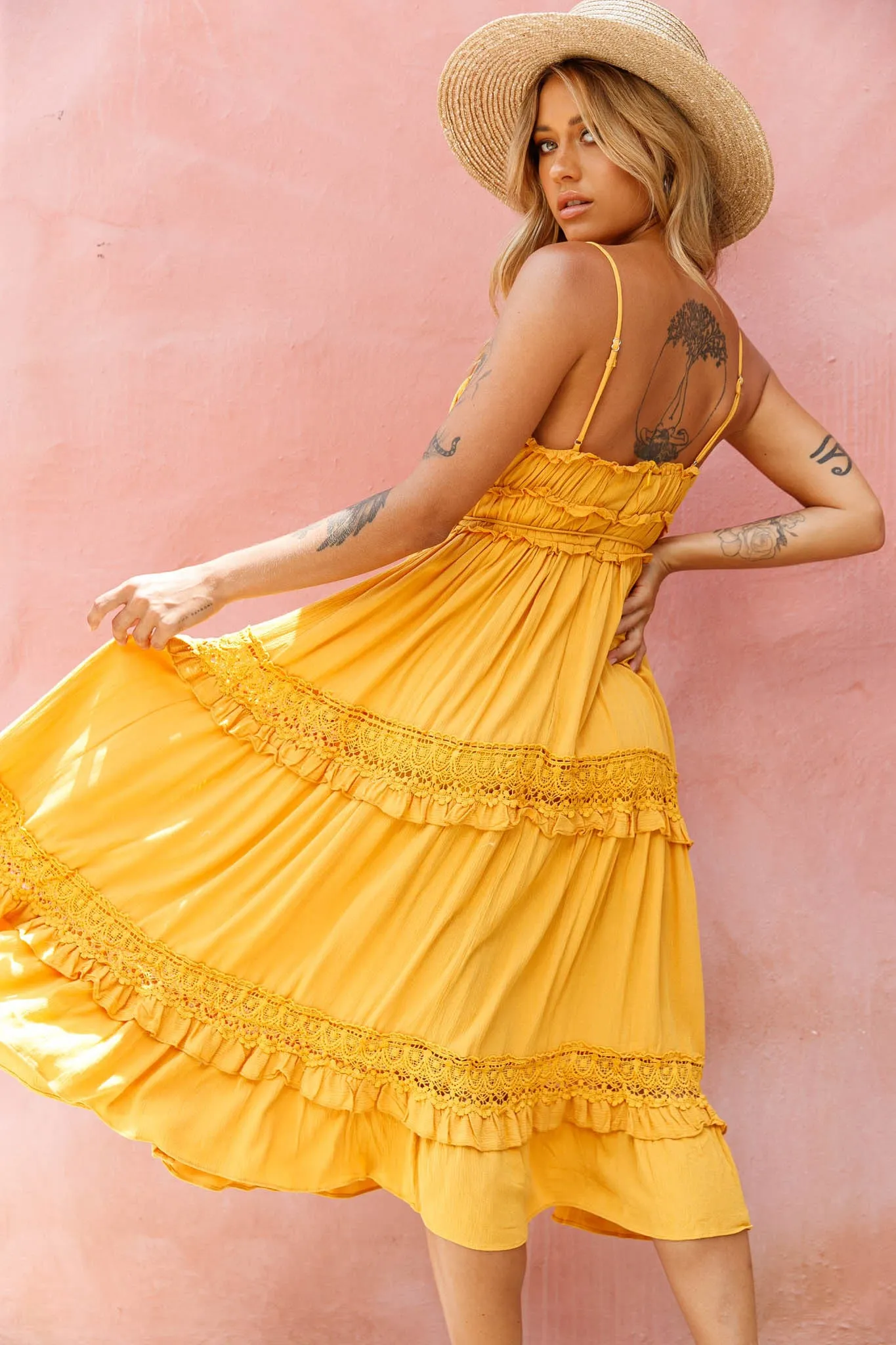 Meet You There Crochet & Frill Trim Detail Midi Dress Mustard