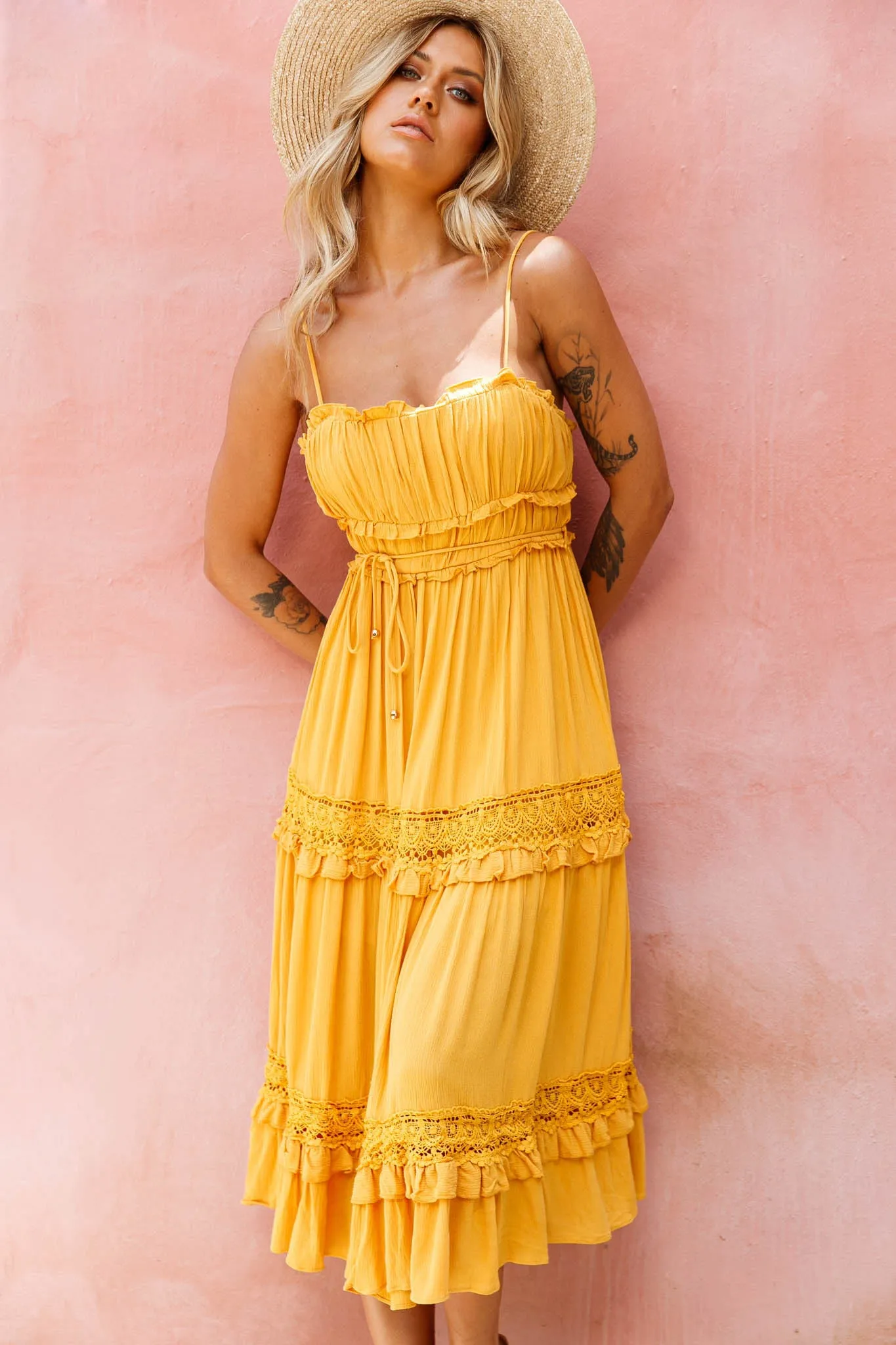 Meet You There Crochet & Frill Trim Detail Midi Dress Mustard